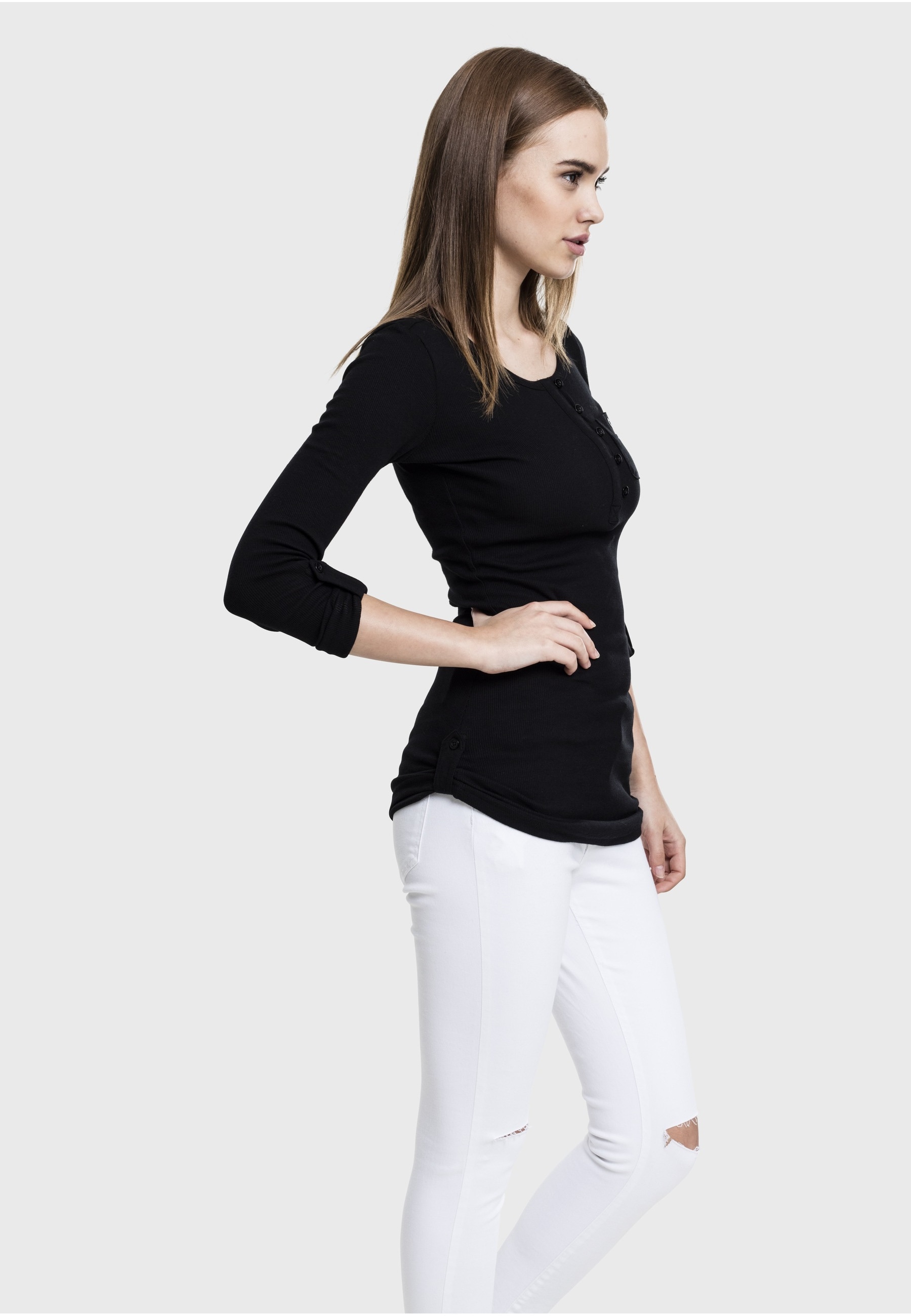 URBAN CLASSICS Longsleeve »Urban Classics Damen Ladies Long Rib Pocket Turnup Tee« 1 Stk.
