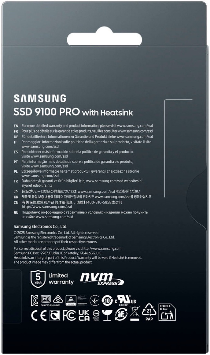 Samsung interne Gaming-SSD »9100 PRO Heatsink PCIe® 5.0 NVMe™ M.2 - 1 TB«, Anschluss PCI Express 5.0