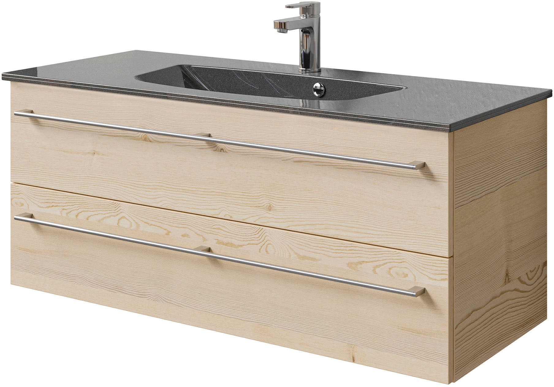 Saphir Badmöbel-Set »Serie 6025 2-teilig Mineralmarmor-Waschtisch mit LED-Spiegelschrank«, (2 St.), Waschplatz 117cm breit, 2 Schubladen, 3 Spiegel-Türen, inkl Türdämpfer