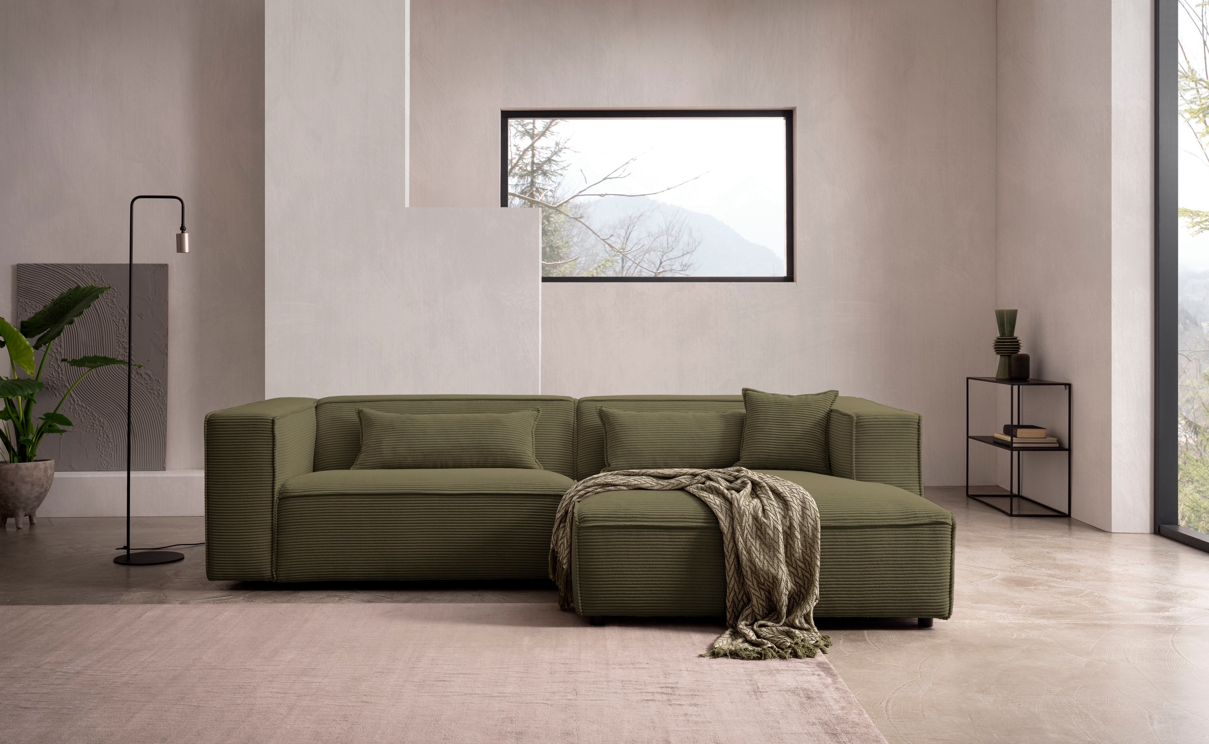 LeGer Home by Lena Gercke Ecksofa »PIARA mit Kedernaht in Cord oder Leinenoptik, moderne Couch in L-Form«, wahlweise Ottomane rechts/links, schwarze Füße, bequemer Sitzkomfort