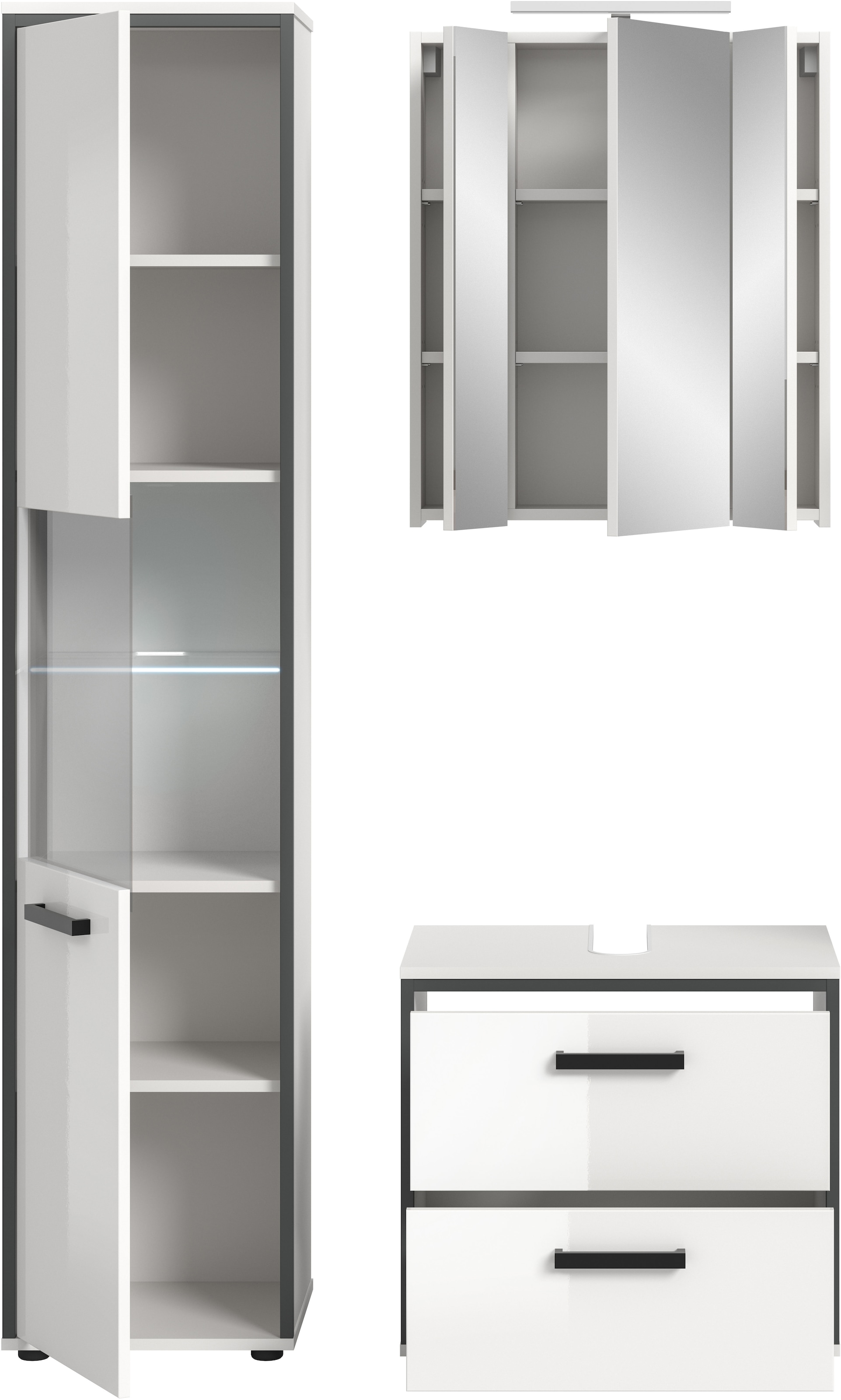 welltime Badmöbel-Set »KAJO, 3-tlg. Badkombination, weiß hochglanz, inkl. Beleuchtung« Set, Set, best. aus: Hochschrank, WBU, Spiegelschrank, Beleuchtung, 5 Stk. tlg.