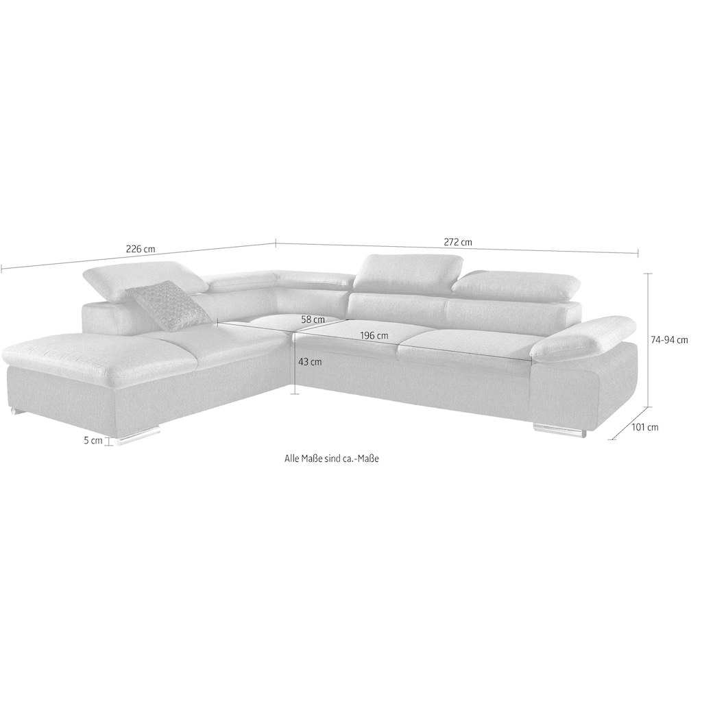 sit&more Ecksofa Alcudia L-Form, wahlweise mit Bettfunktion, inklusive Arm- und Kopfteilverstellung