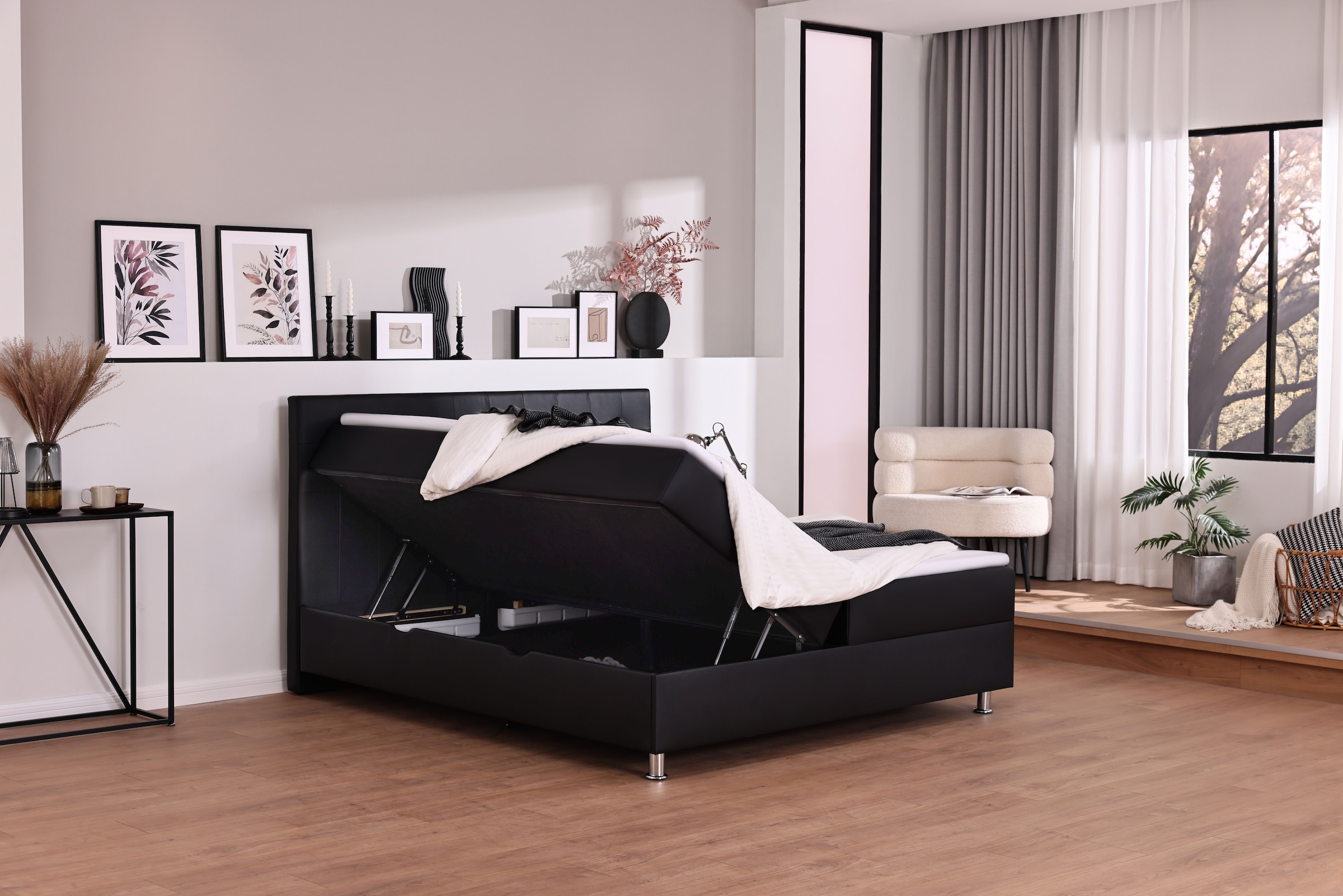 Home affaire Boxbett »Big Noux aus schwarzem Kunstleder mit Kristallsteinen im Kopfteil« inkl. Bettkasten, erhältlich in der Größe 180x200cm