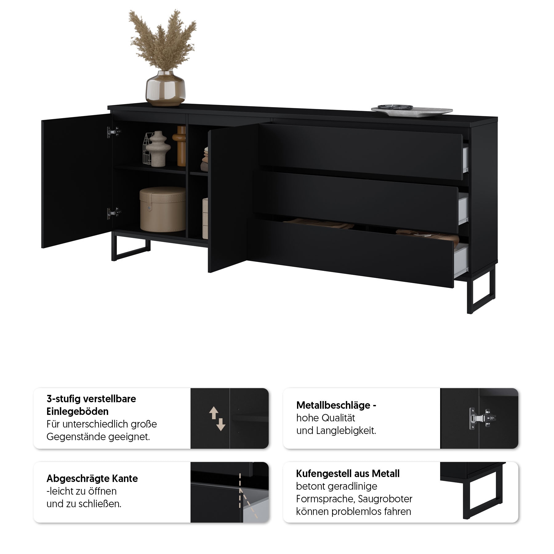 OTTO home Sideboard »Modo II, Breite 200 cm, moderne grifflose Kommode 2Türen/3 SK« Schubladenkommode viel Stauraum, Einlegeböden verstellbar, Metallkufen