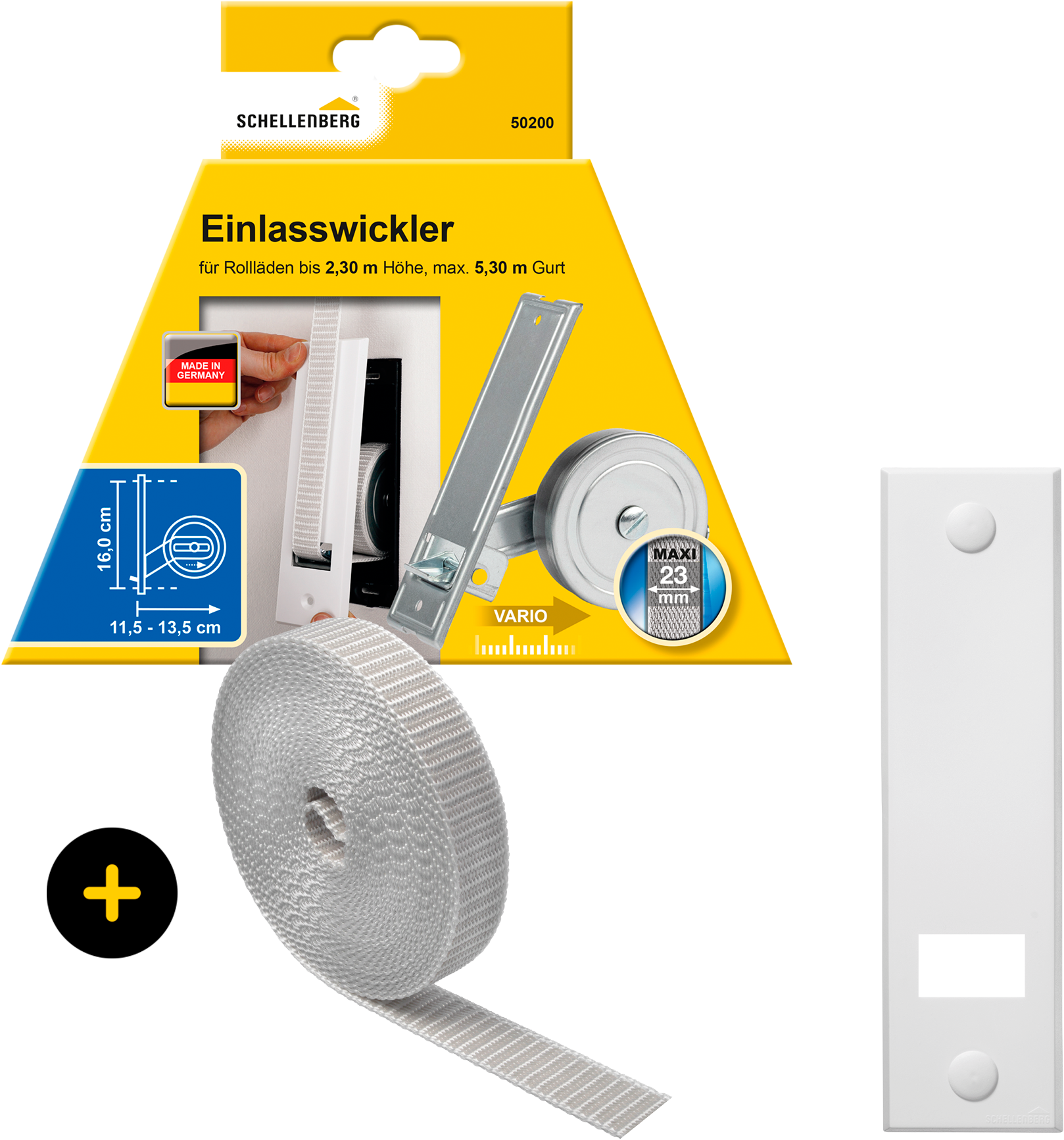 SCHELLENBERG Einlass-Gurtwickler "Unterputz, inkl. Abdeckplatte weiß und Rollladengurt in grau oder weiß" Set, 1 Stk. tlg. 16 cm Lochabstand für das Rollladensystem Maxi