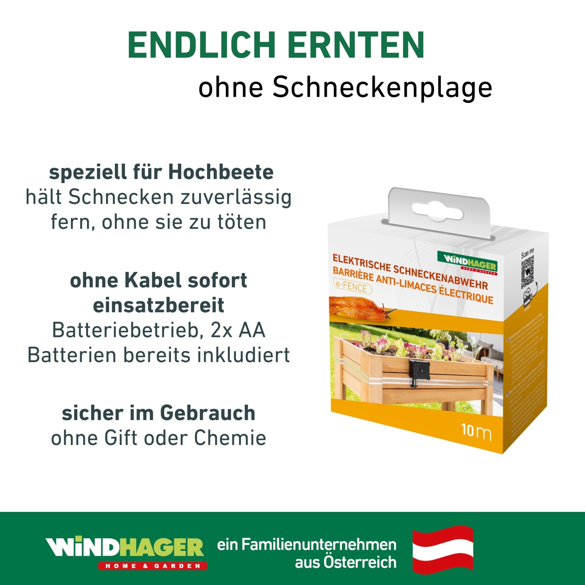 Windhager Elektrischer Schneckenzaun »elektrisch inkl. 10 m Barrierestreifen, Schneckenabwehr e-FENCE« für Hochbeete, Schneckenband selbsklebend