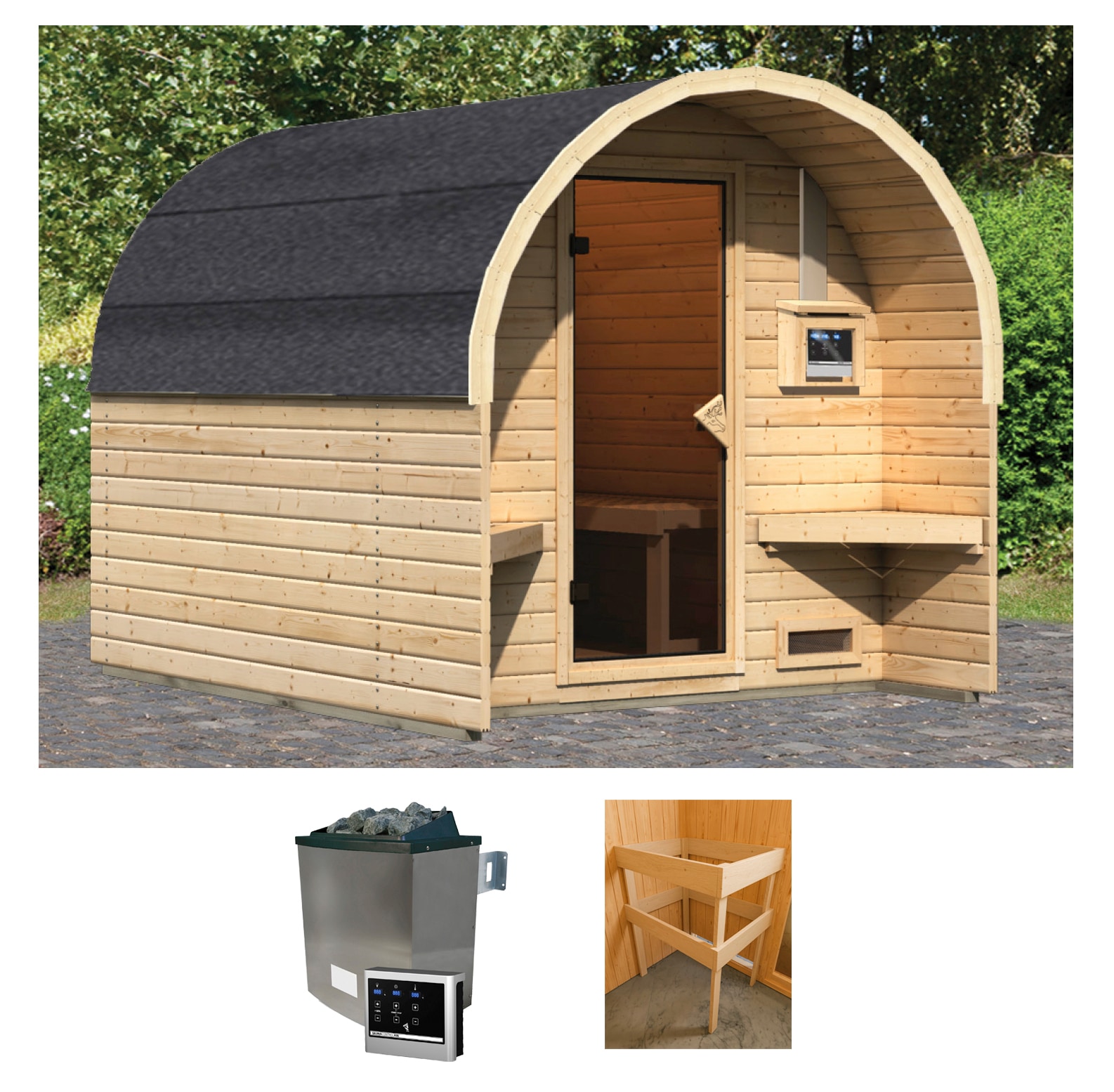 Karibu Fasssauna "Fasshaus 2" Set, 2 Stk. tlg. Ofen 9 KW externe Strg easy