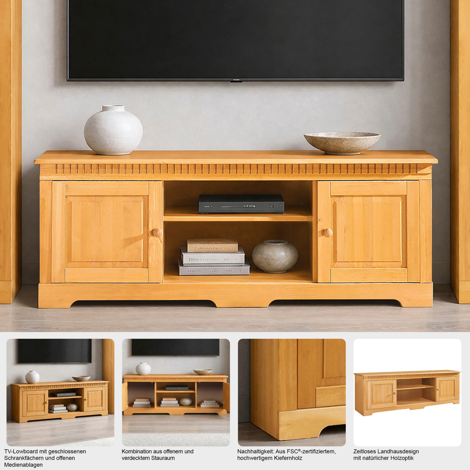 OTTO home Lowboard »Lisa« Kommode aus schönem massivem Kiefernholz, Breite 175 cm