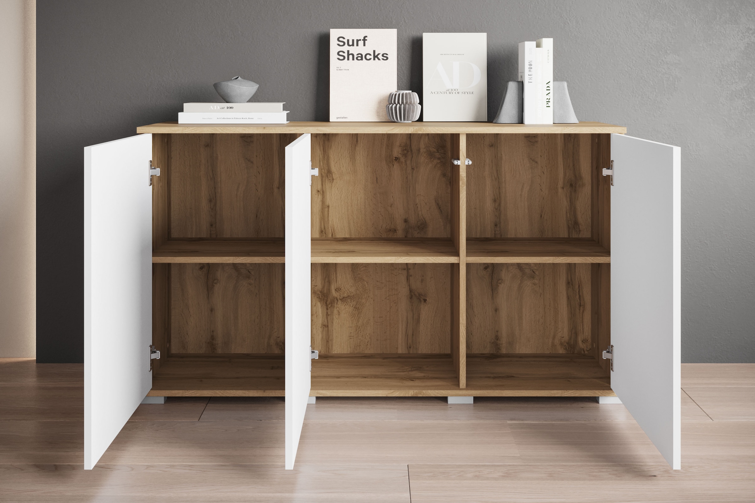 INOSIGN Sideboard »Kenia, moderne grifflose Kommode mit 3 Türen, Breite 120 cm«, (1 St.), Push-to-Open-Fronten, höhenverstellbaren Einlegeböden