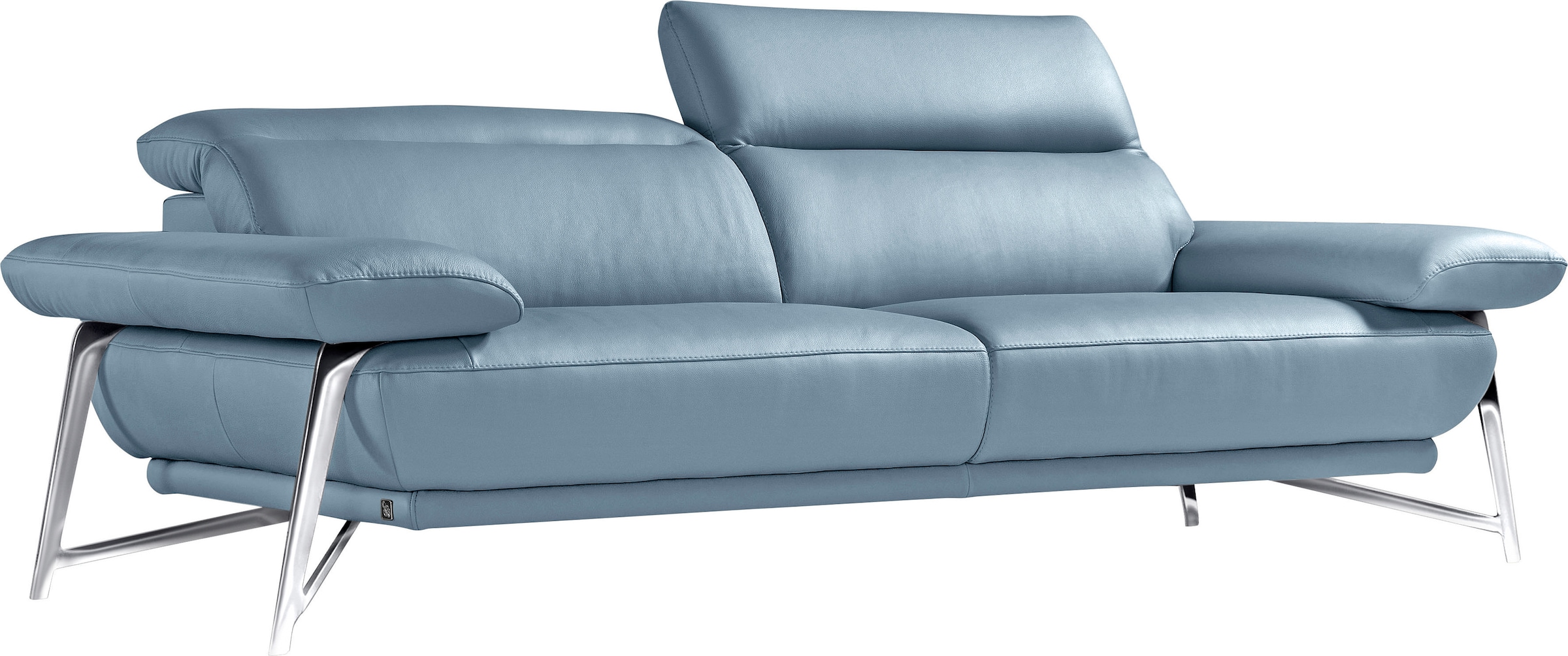 Egoitaliano 2,5-Sitzer »Anais, Designsofa mit erstklassigem Sitzkomfort, Fußfarbe chrom«, Kopfteil verstellbar, 232 cm, Leder CAREZZA, himmelblau
