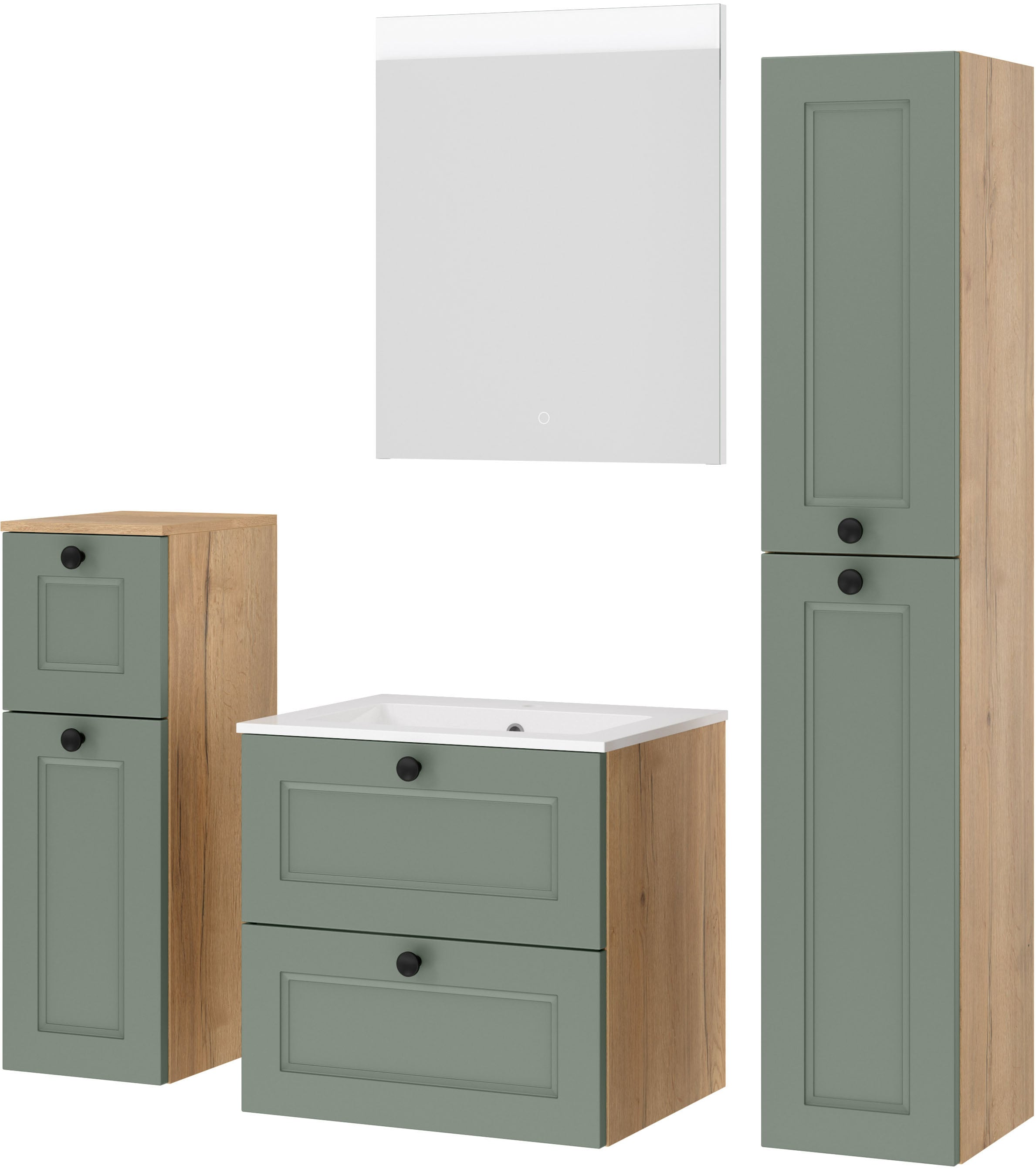 nobilia® Badmöbel-Set »Cascada« Set, mit Waschbecken, inkl. beleuchtetem Spiegel mit Touch-Sensor, 4 Stk. tlg.