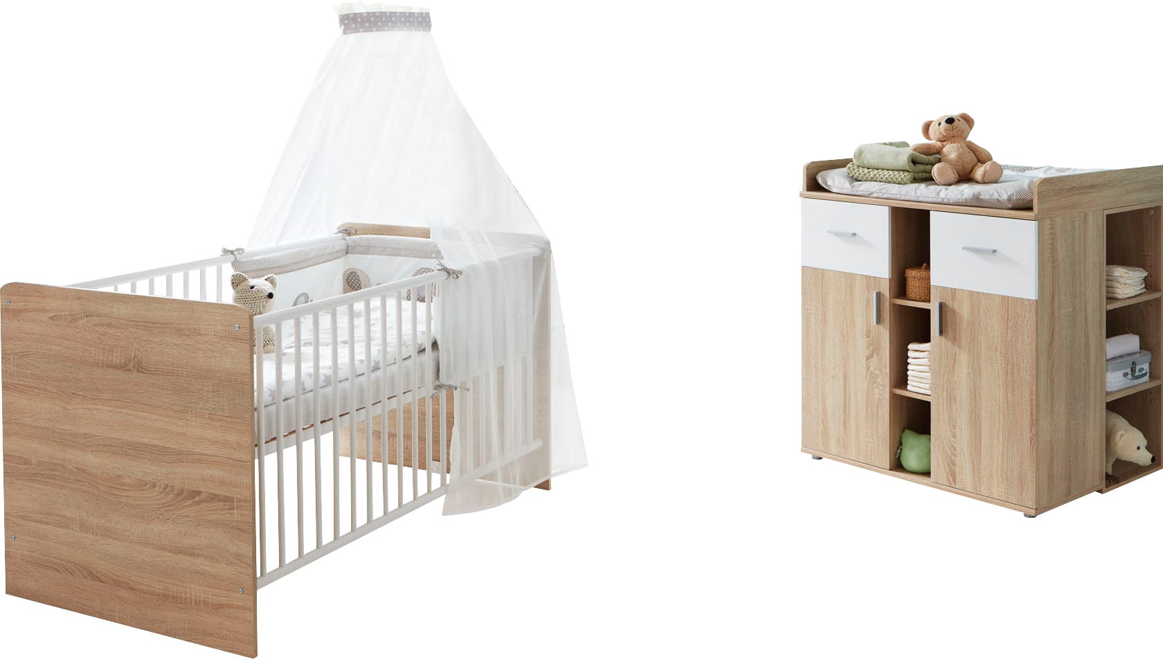 Babymöbel-Set »Maxim«, (Set, 3 tlg., Bett + Wickelkommode + Unterstellregal), Bett +...