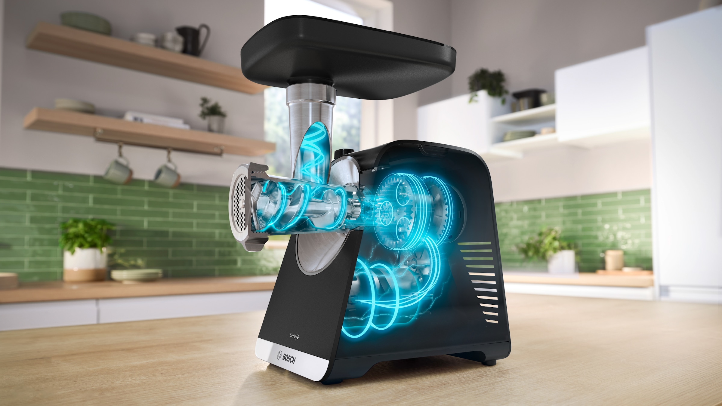 BOSCH Fleischwolf »Serie 6 MFWS682B, 3,5kg/Min., Zitruspresse, Raspel, Wurststopfer«, 500 W, 2 Lochscheiben (3&8mm), 10 J Motorgarantie, Planetengetriebe, schwarz