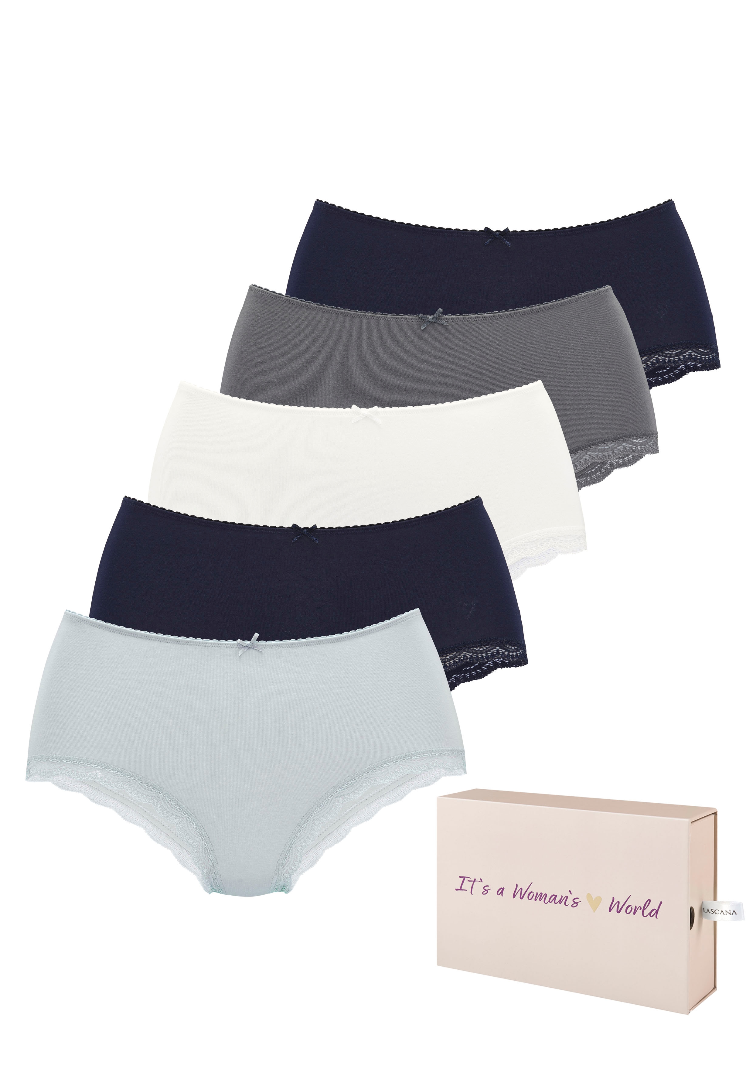LASCANA Taillenslip 5er-Pack, aus elastischer Baumwolle mit zarter Spitze, mit Aufbewahrungsbox