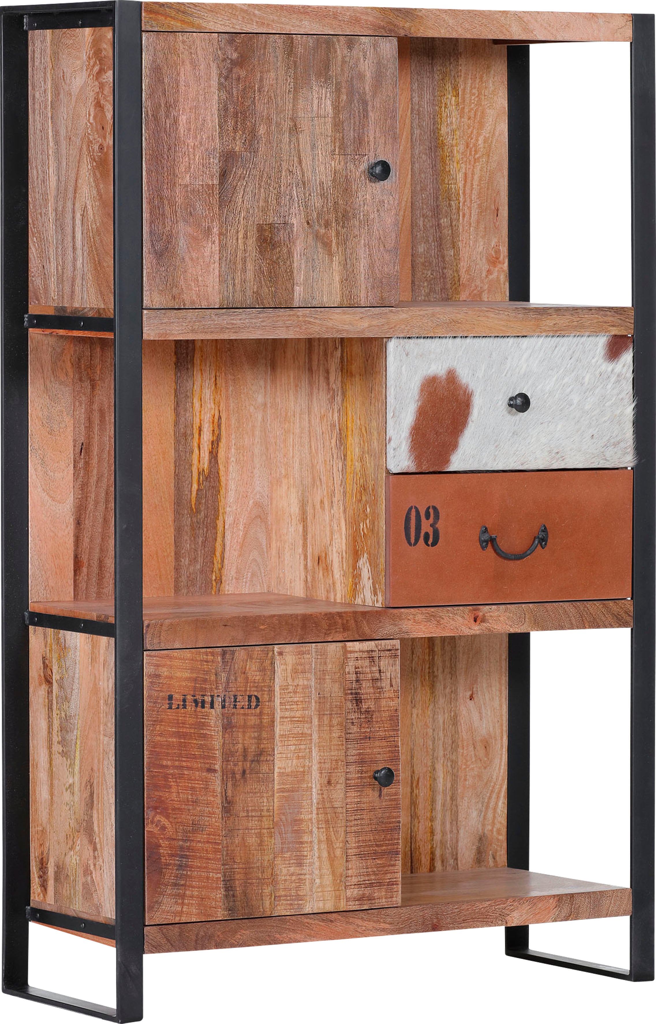 Gutmann Factory Highboard "Clint, Stauraumschrank, Breite 90 cm" aus Mangoholz, gebeizt und lackiert, Metall Rahmen, schwarz lackiert