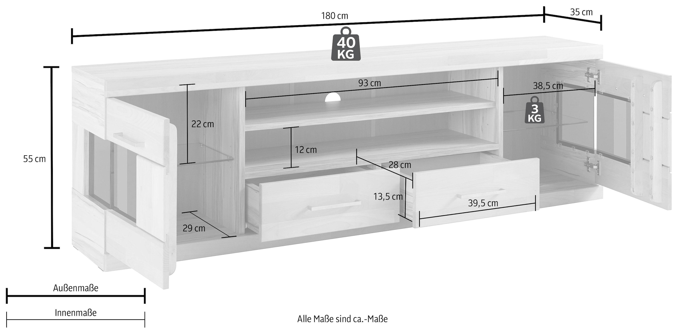 Home affaire Lowboard »Ribe,180cm breit, Fronten Massivholz,6 Fächer,Kabeldurchführung«, Korpus Holzwerkstoff,Glaseinsatz aus gehärtetem Glas,Böden versetzbar