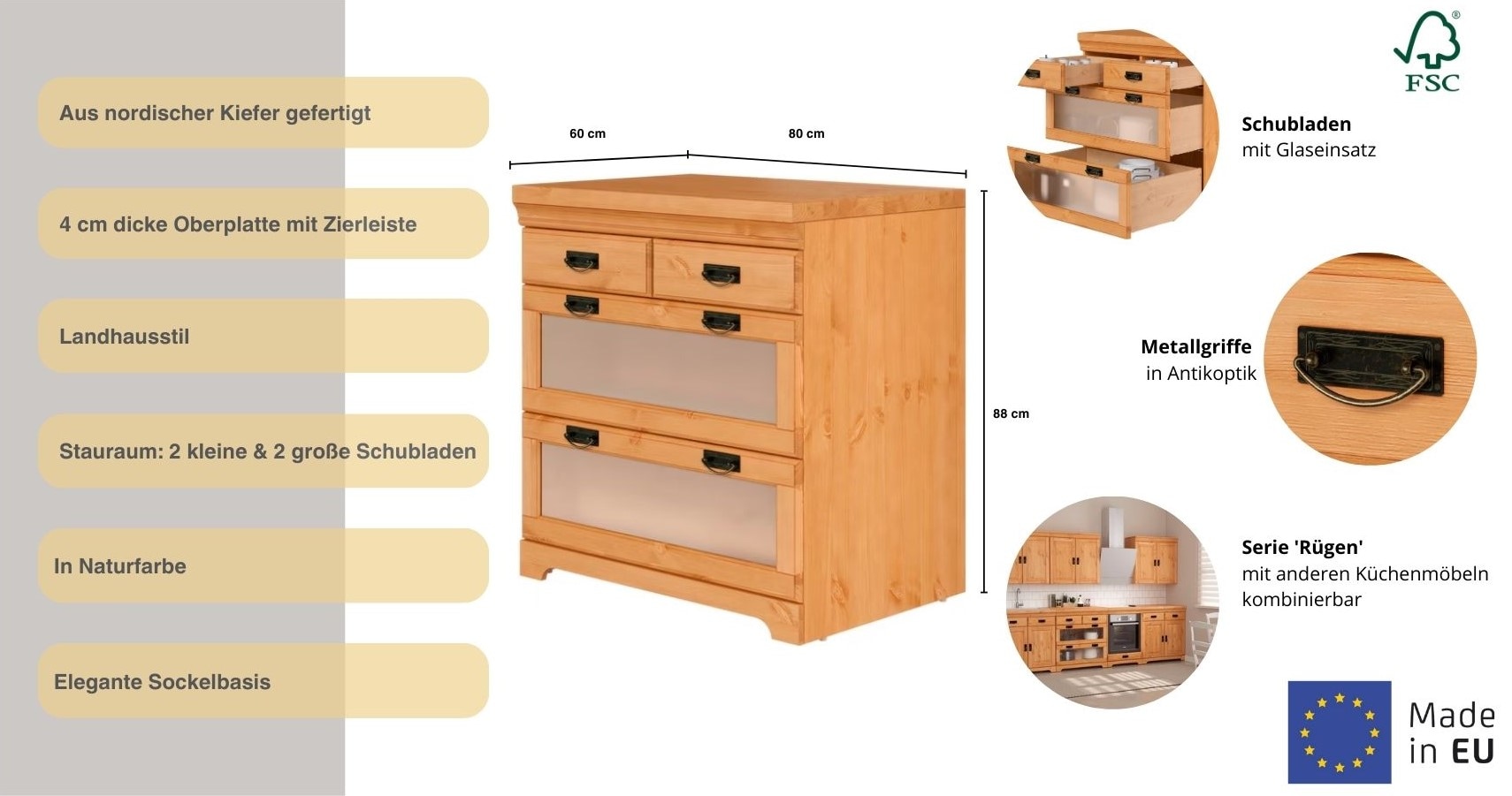 Home affaire Unterschrank »Rügen«, Breite 80 cm, Kiefer massiv, Schubkästen mit Glaseinsatz