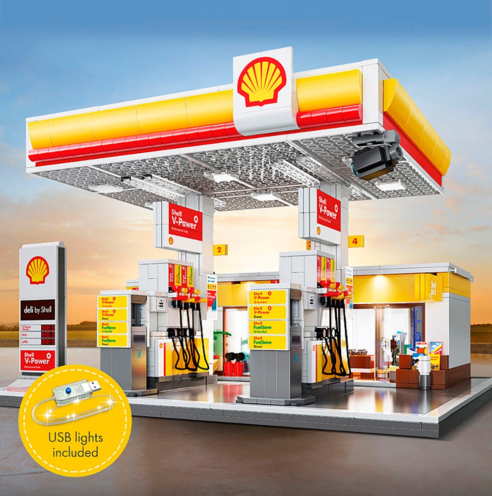 Jamara Konstruktions-Spielset »CaDA, Shell Tankstelle mit Shop und Waschanlage Bricks«, (1309 St.), mit LED Licht