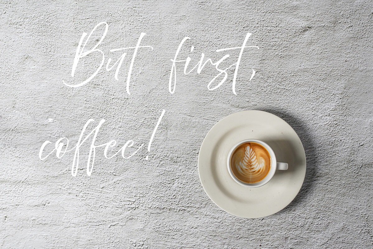 A.S. Création Vliestapete »Spruch Grau Weiß Fototapete „But first, coffee!“« matt glatt