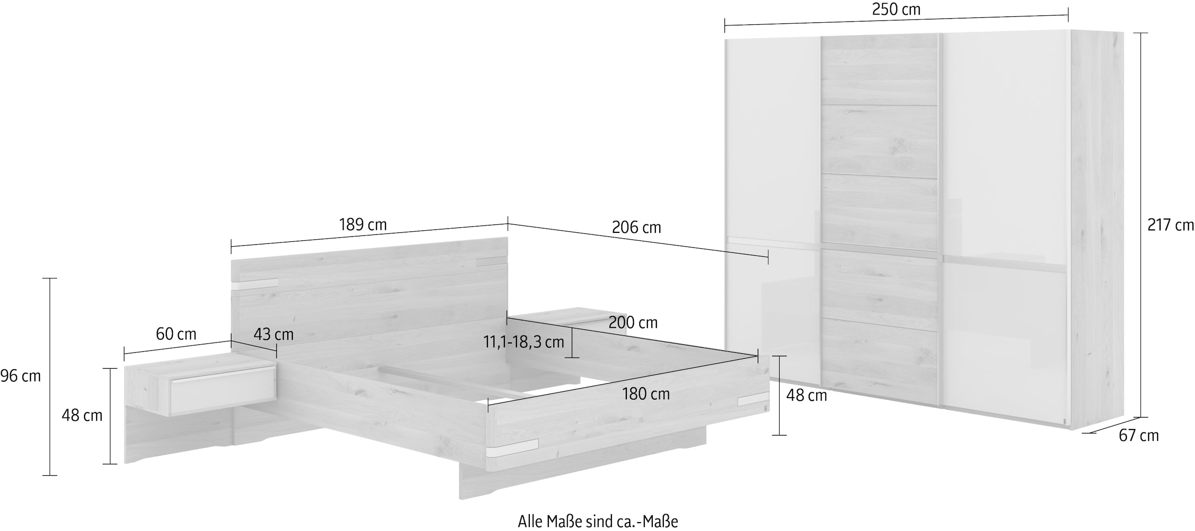 Musterring Schlafzimmer-Set »Savona, Kleiderschrank, Bett & Nachtkommoden, teilmassiv Bianco-Eiche«, (2er-Set Nachtschränke, Schwebetürenschrank, Bett 180x200 cm), Eiche- und Glastüren, Kopfteil Eiche, Konsolen Glasfront, Höhe 217cm