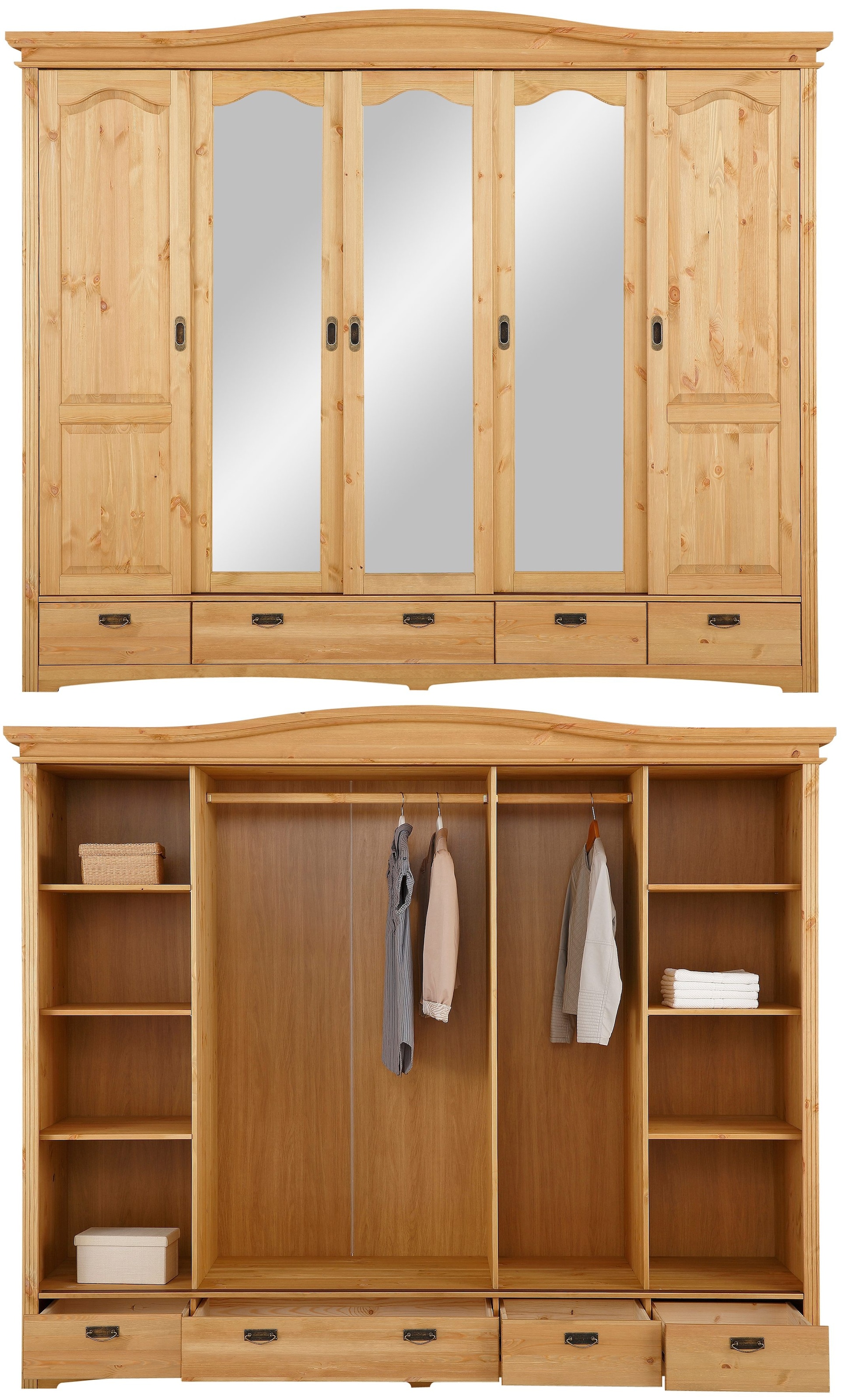 Home affaire Schlafzimmer-Set »"Konrad", komplettes Schlafzimmer mit großem Schrank«, (Set, 4 tlg., Kleiderschrank 5 türig mit Schubladen, 2 Nachttische, Bett 180x200cm), klassischer Landhausstil, Metallgriffe, Massivholz (Kiefer)