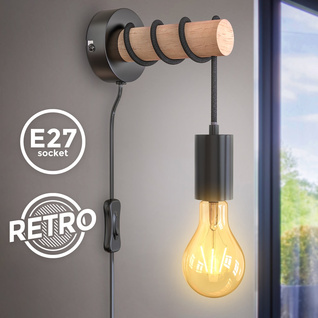 B.K.Licht Wandleuchte »BK_WL1340 Wandlampe Innen, Industrial Design, Stahl, Holz, E27«, 1 flammig-flammig