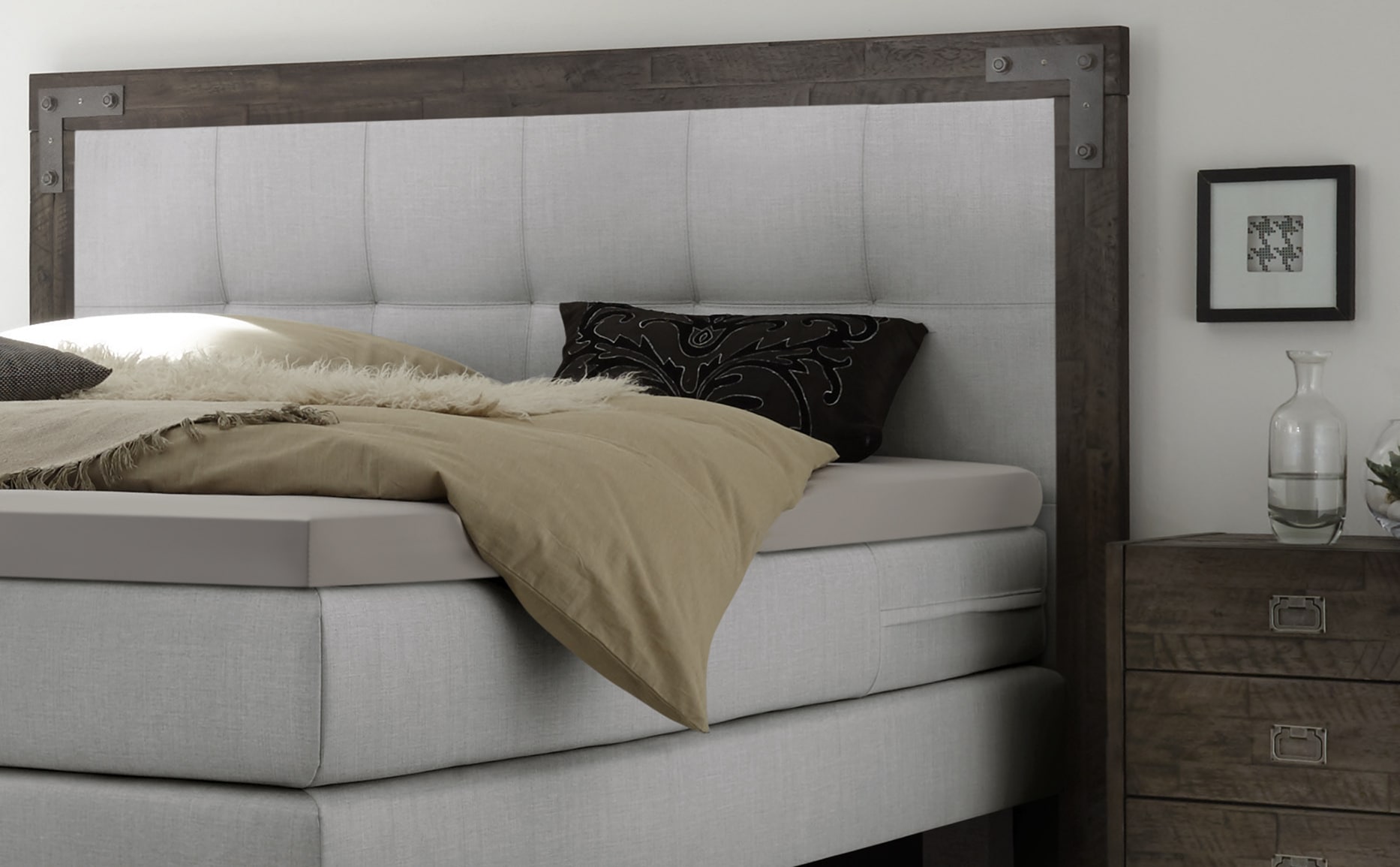 HASENA Boxspringbett Memphis, im Vintagelook, Massivholz-Umrandung, Tonnentaschen-Federkernmatratze