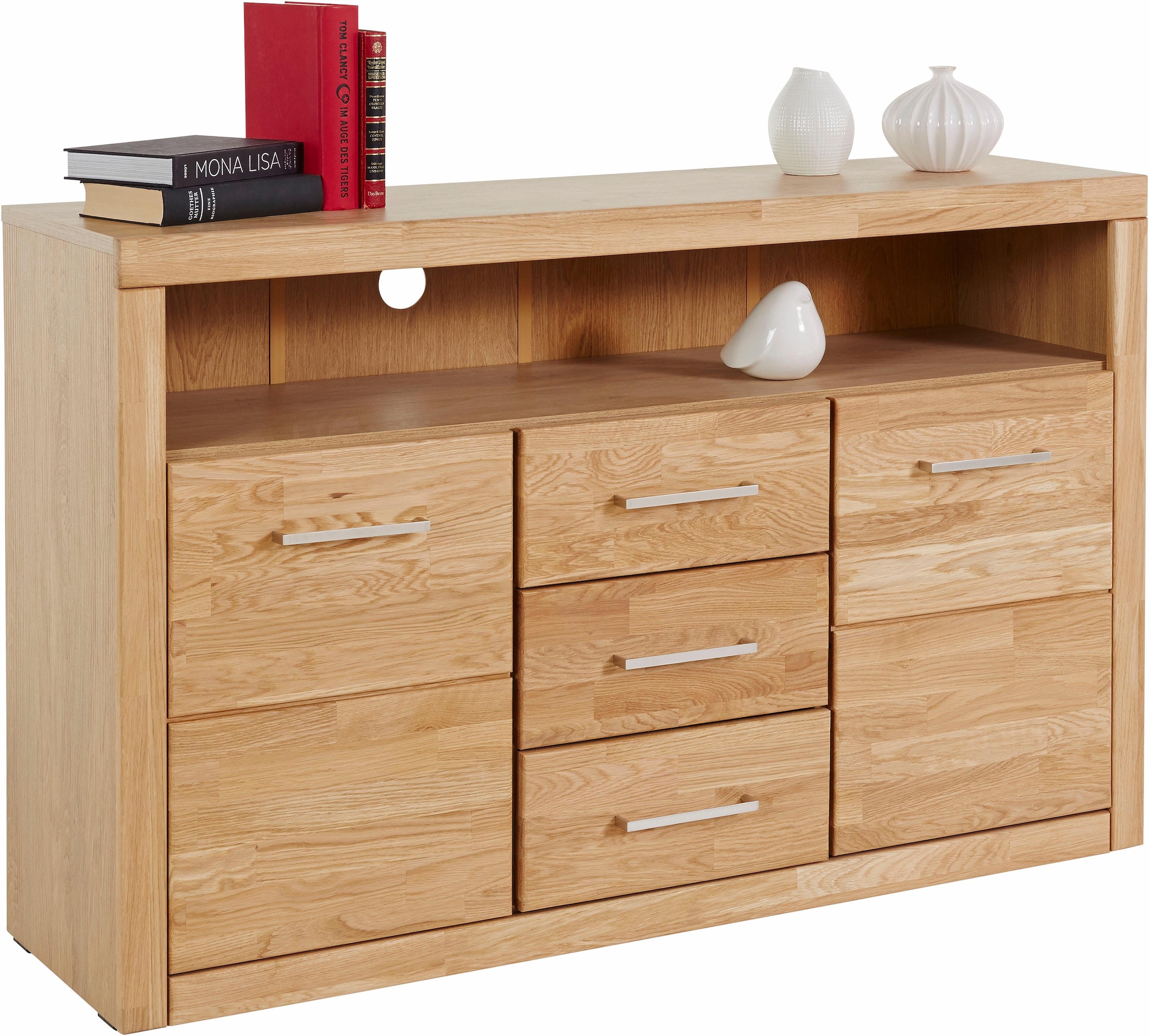 Home affaire Sideboard »Ribe,130cm breit, Fronten Massivholz,5 Fächer«, Holz massiv, Holzwerkstoff, Metall Griffe,2 Türen,3 Schubladen