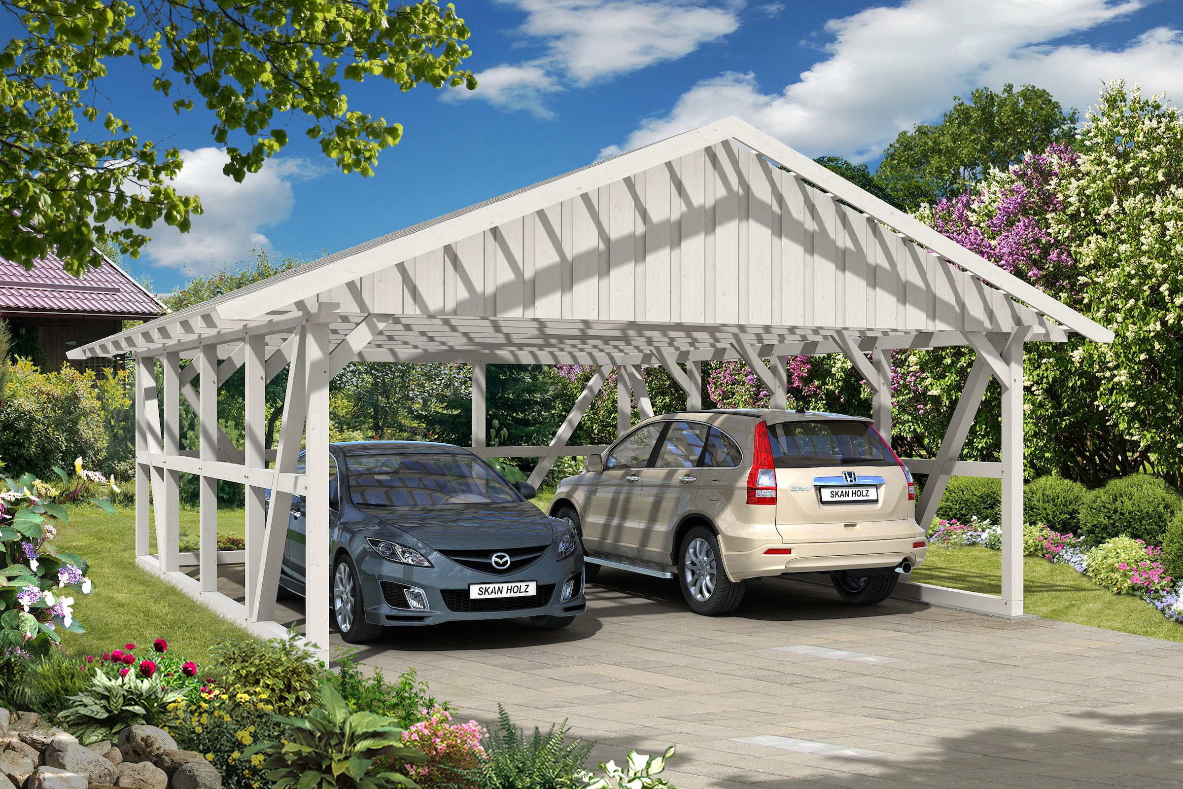 Skanholz Doppelcarport »Schwarzwald«, KVH-Fichte, 560 cm, Weiß, mit Dachlattung