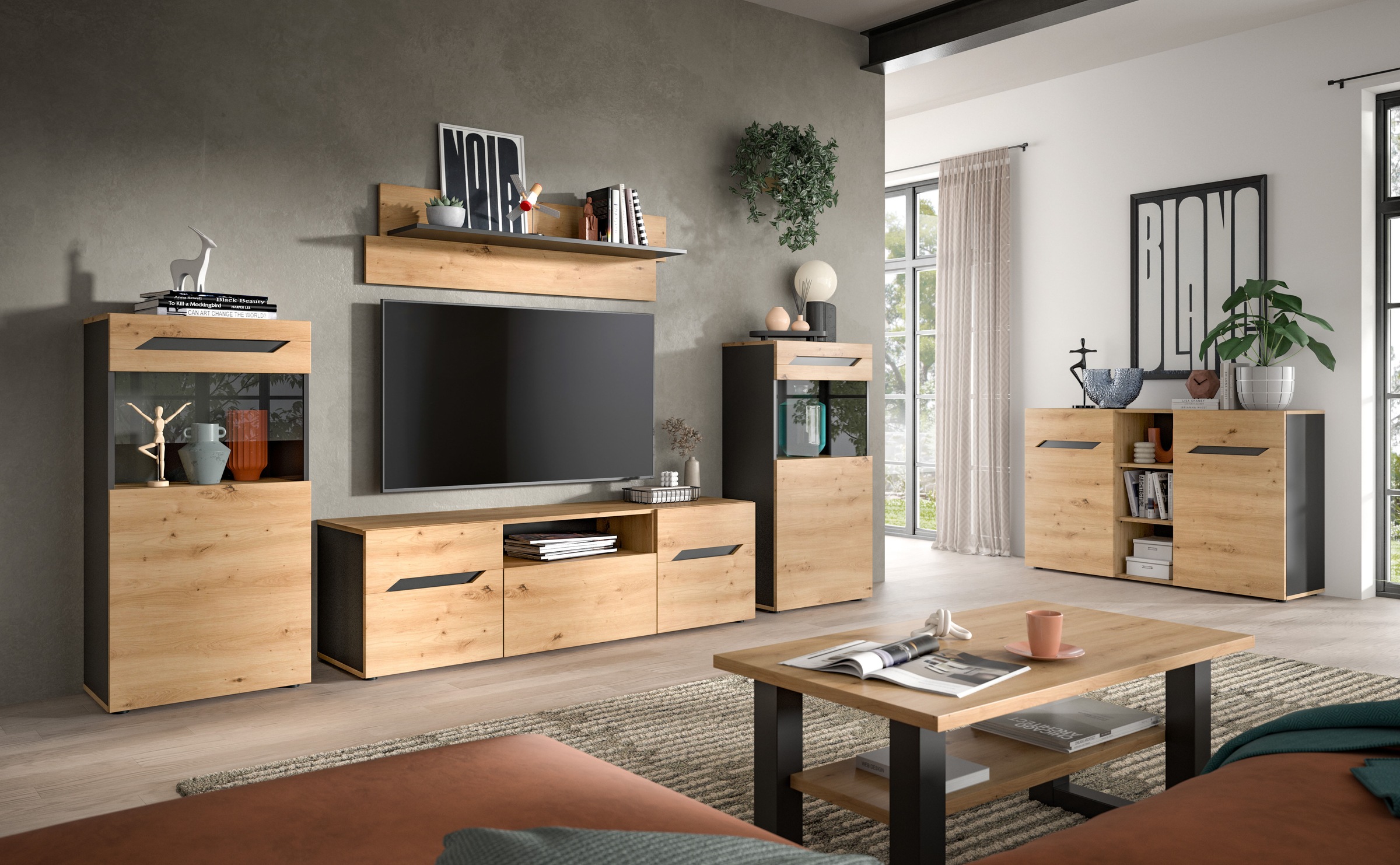 INOSIGN Wohnwand »SERTA, 4-teilig, best. aus: 2x Vitrine, 1x Lowboad & 1x Wandboard«, Anbauwand, Set, Möbelset, TV-Wand, Wohnzimmerset, Schrankwand