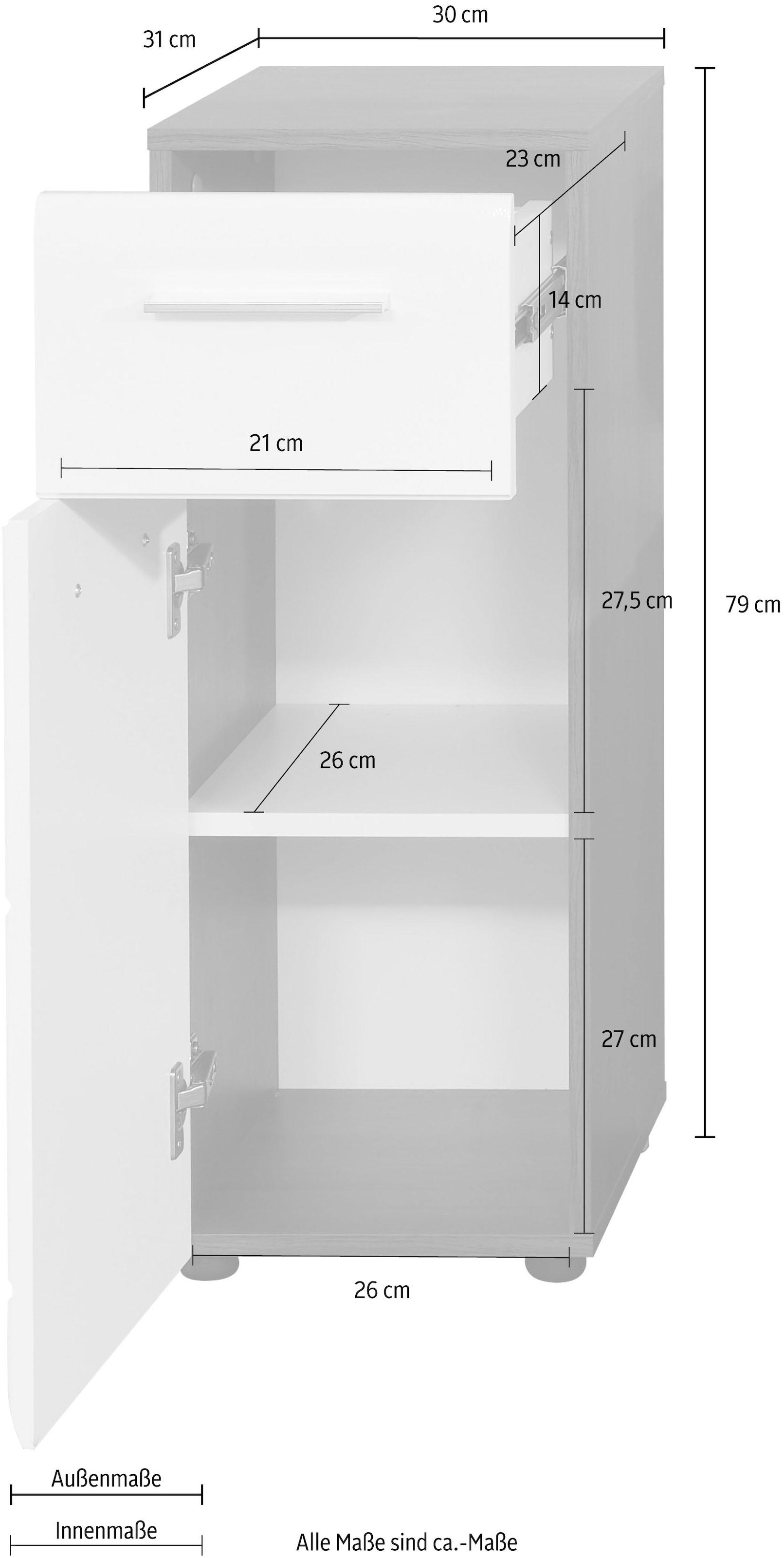 welltime Unterschrank »Sovana«, Badkommode mit Hochglanzfront und 1 Schublade - (B/T/H) 30/31/80 cm