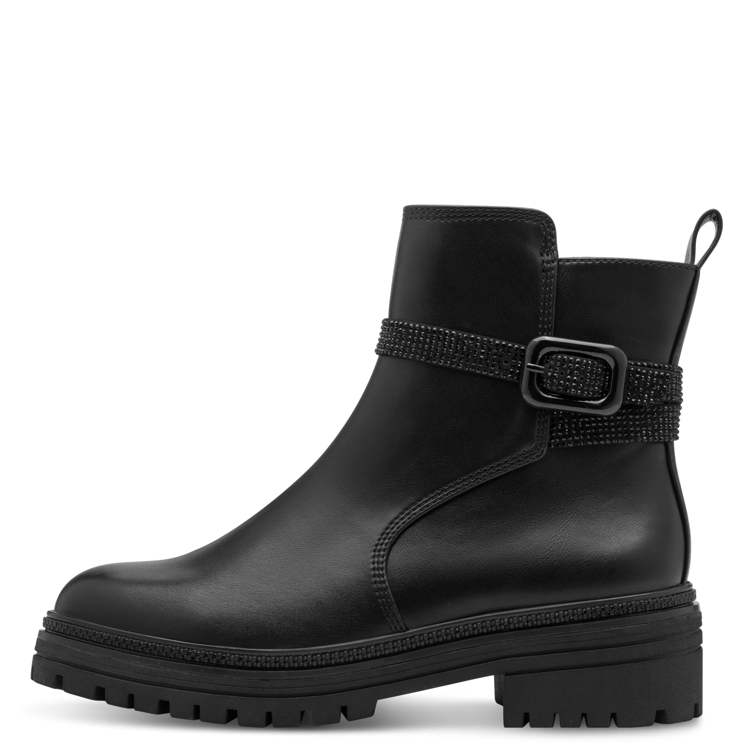 MARCO TOZZI Stiefelette, Blockabsatz, Bikerboots, Zierschnalle mit Strasssteinen besetzt