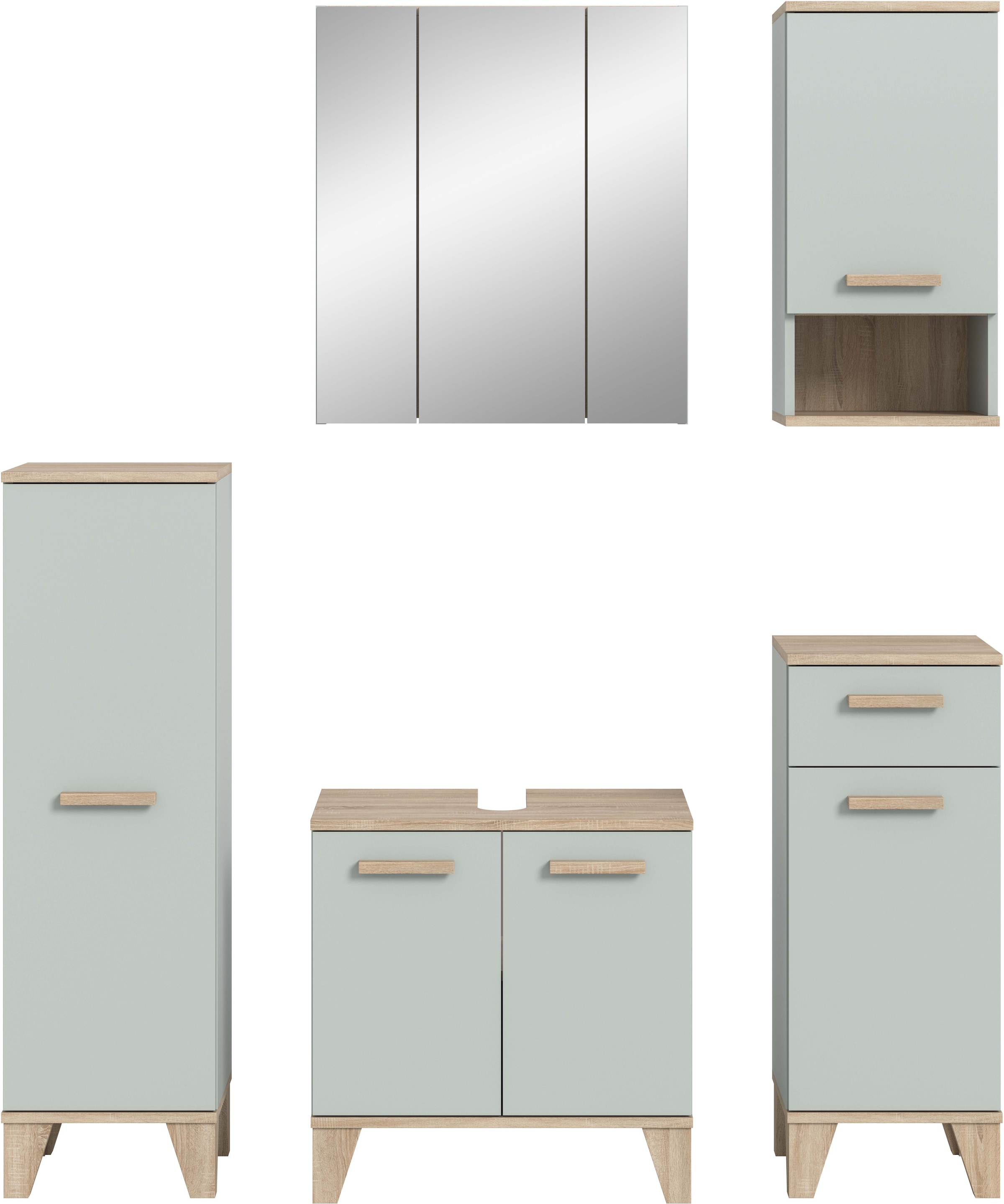 welltime Badmöbel-Set »MINTTU, 5-teilige moderne Badkombination im SCANDI-Look« bestehend aus: 2x Midischrank, WBU, Spiegelschrank, Hängeschrank, 5 Stk. tlg.