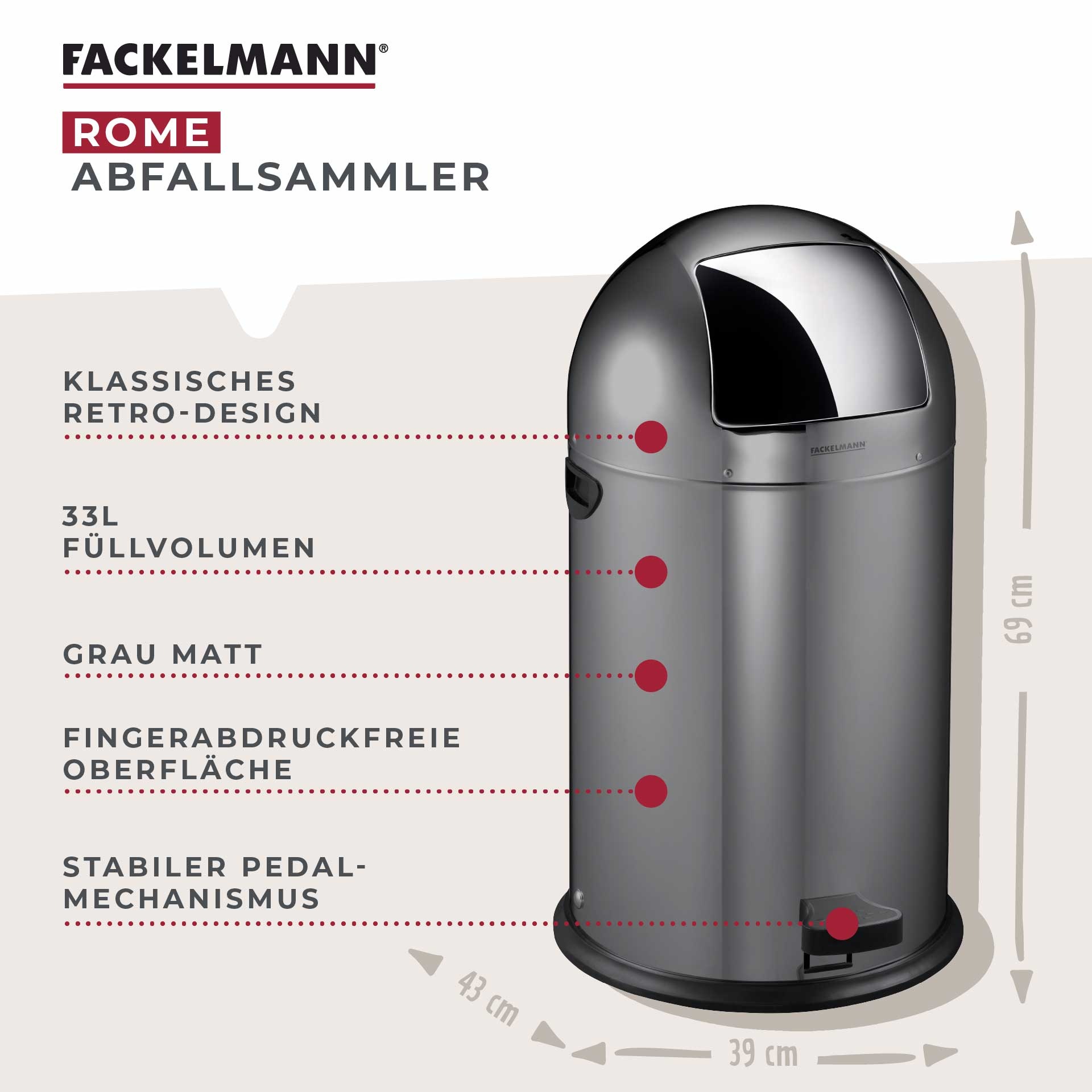 FACKELMANN Mülleimer "ROME, Pedal-Abfalleimer 33L" 1 Behälter Retro-Design, günstig online kaufen