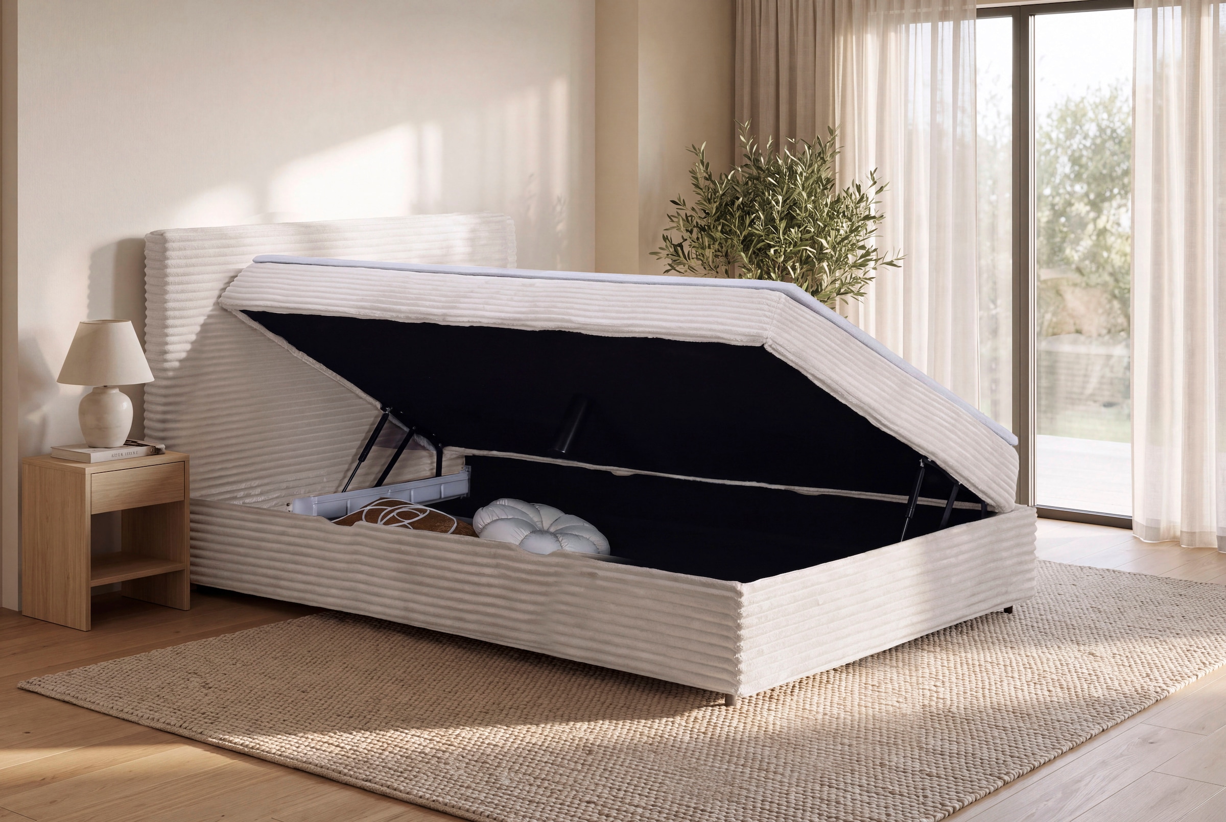 Home affaire Boxbett »CORLAY, Polsterbett mit Stauraum und Taschenfederkernmatratze H3« inkl. PUR-Schaumtopper, Cord-Bezug, 120x200cm