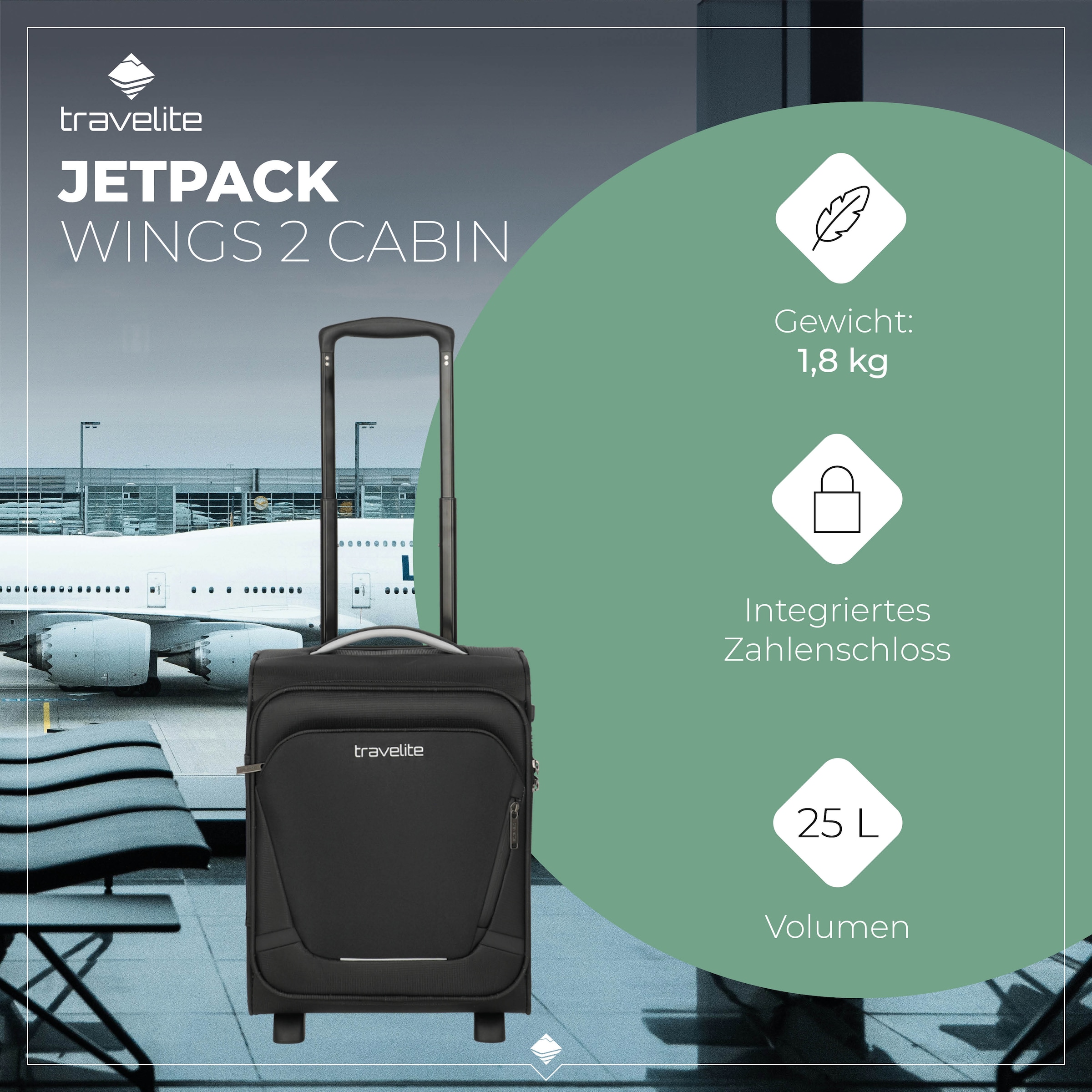 travelite Handgepäck-Trolley »JETPACK Wings 2 Cabin, konzipiert für Eurowings«, 2 Rollen, Weichgepäck-Koffer Handgepäck für die meisten gängigen Airlines