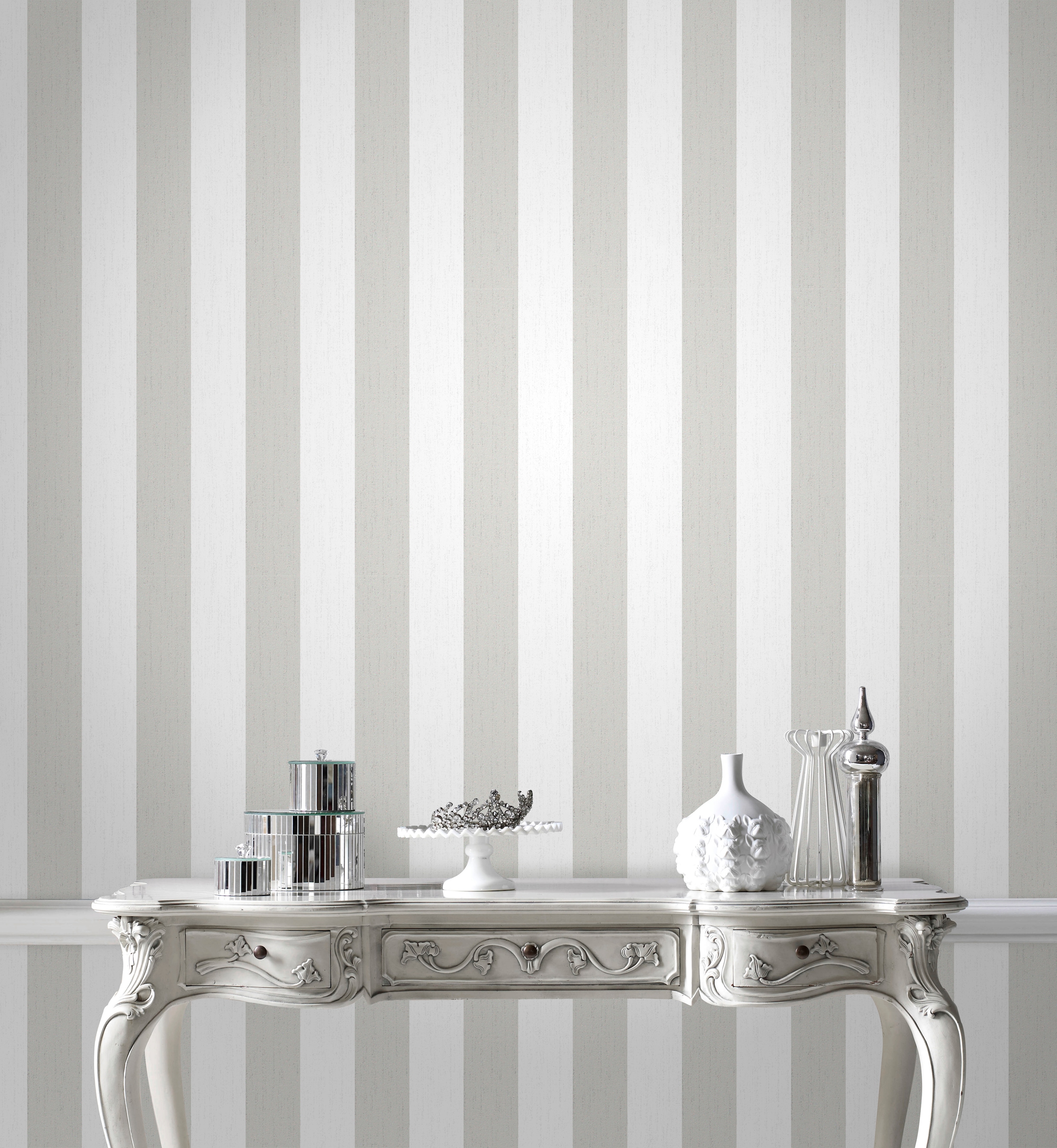 Boutique Vliestapete »Streifen Metallic«, Streifen, Weiß/Silber - 10m x 52cm