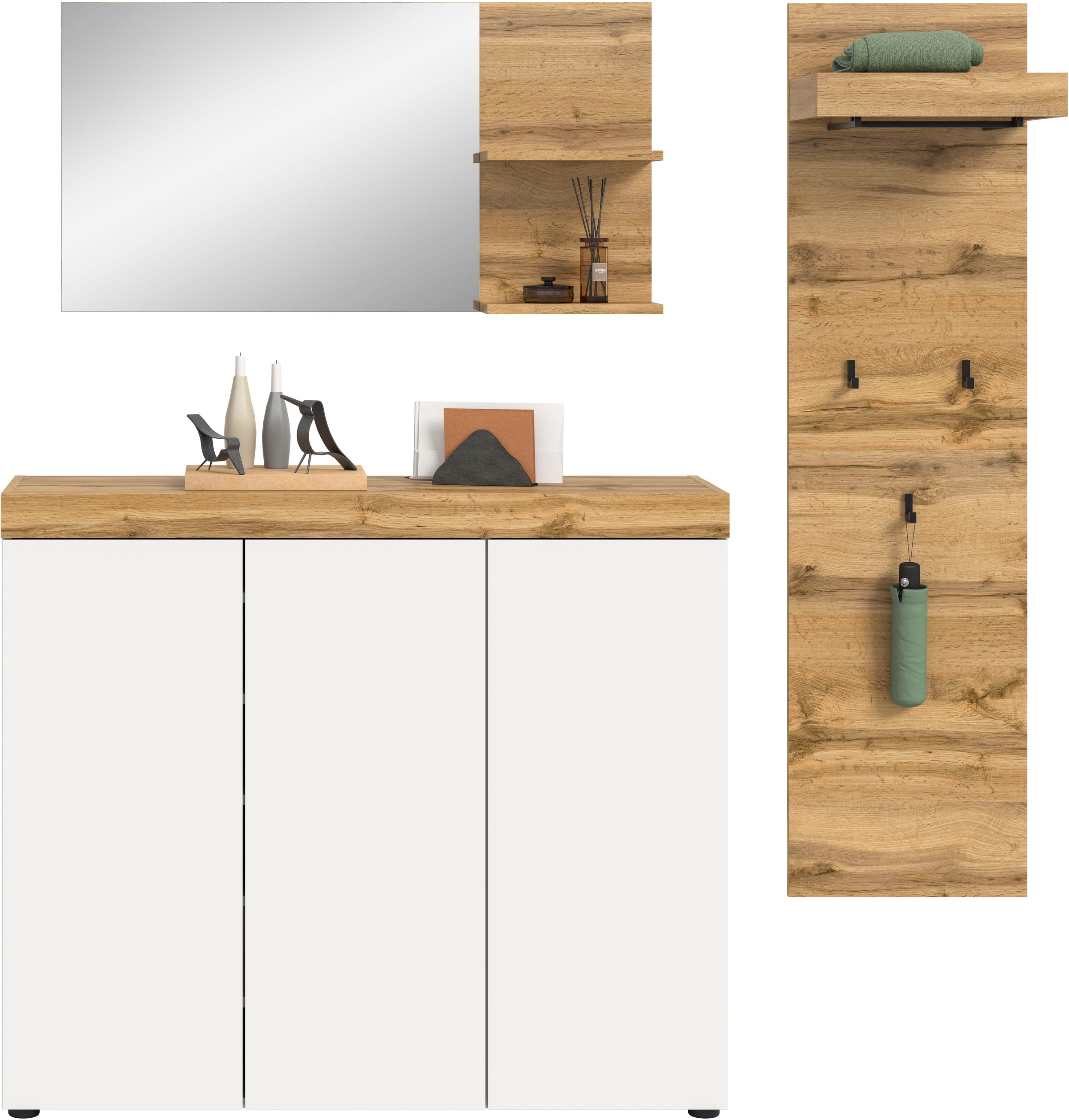OTTO home Garderoben-Set »MAMBO, TOPSELLER!, 3-teilige Kombination, stehend & hängend montierbar« bestehend aus: Kommode, Spiegel, Garderobenpaneel, 3 Stk. tlg.