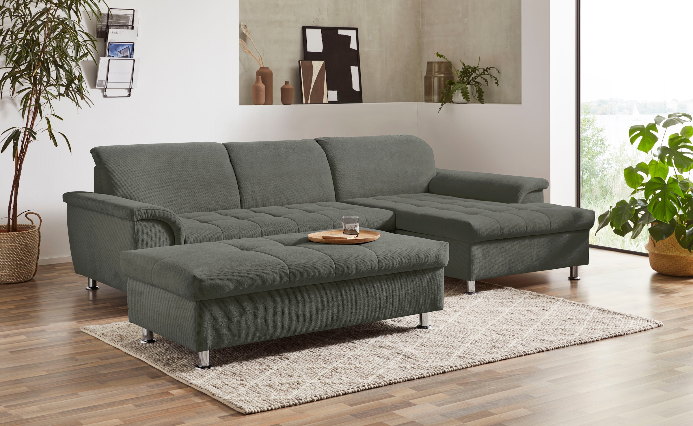 DOMO collection Ecksofa »Franzi, zeitlos und elegant, moderne Sitzheftung, L-Form«, wahlweise mit Kopfteilverstellung (dann Tiefe: 170 cm)
