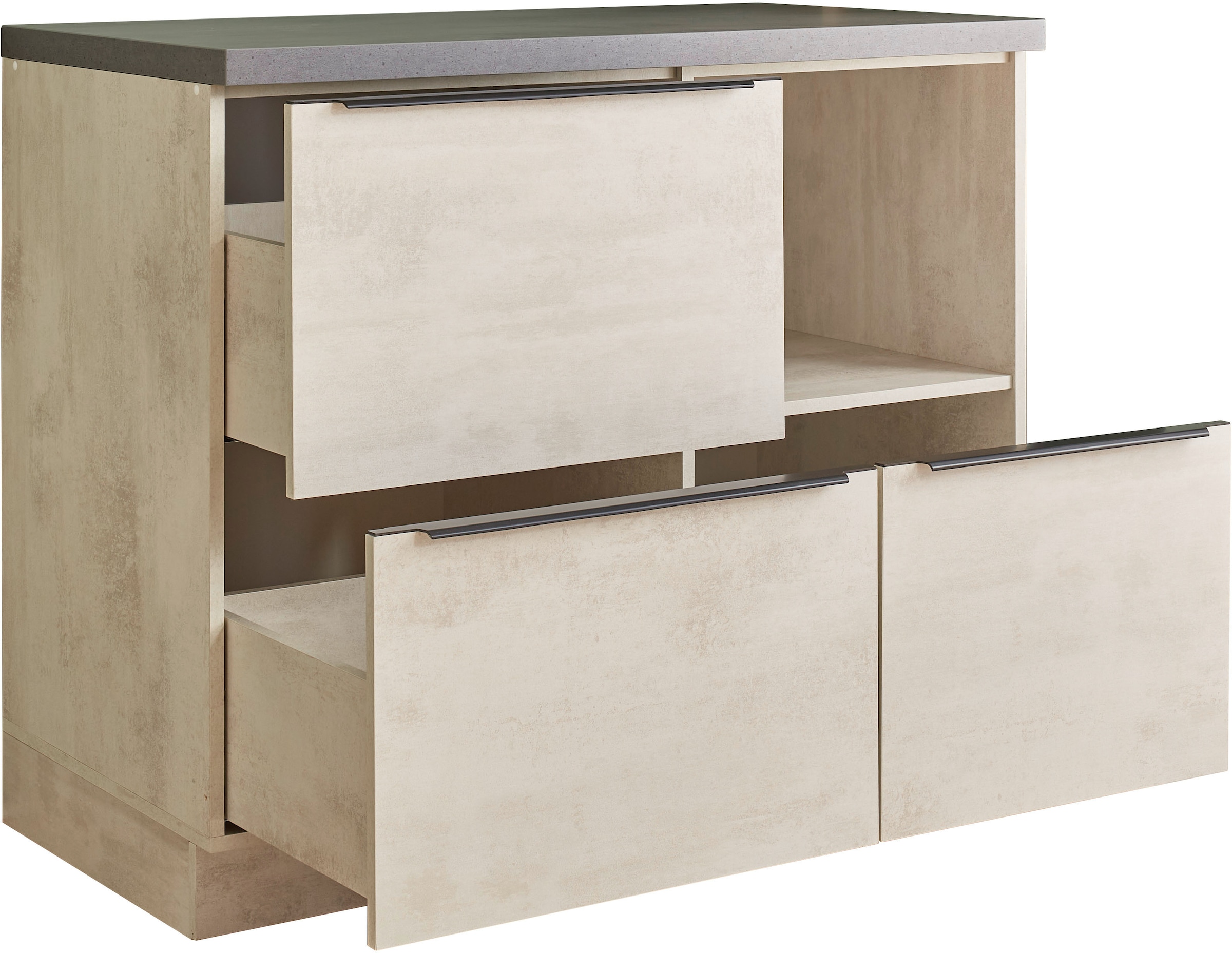 BASIC by Balculina Unterschrank »Sanibel Küchenschrank mit Auszügen BxHxT 110x94x60«, (1 St.), Breite 110cm, Melaminbeschichtung, 3 Auszüge, 1 offenes Fach