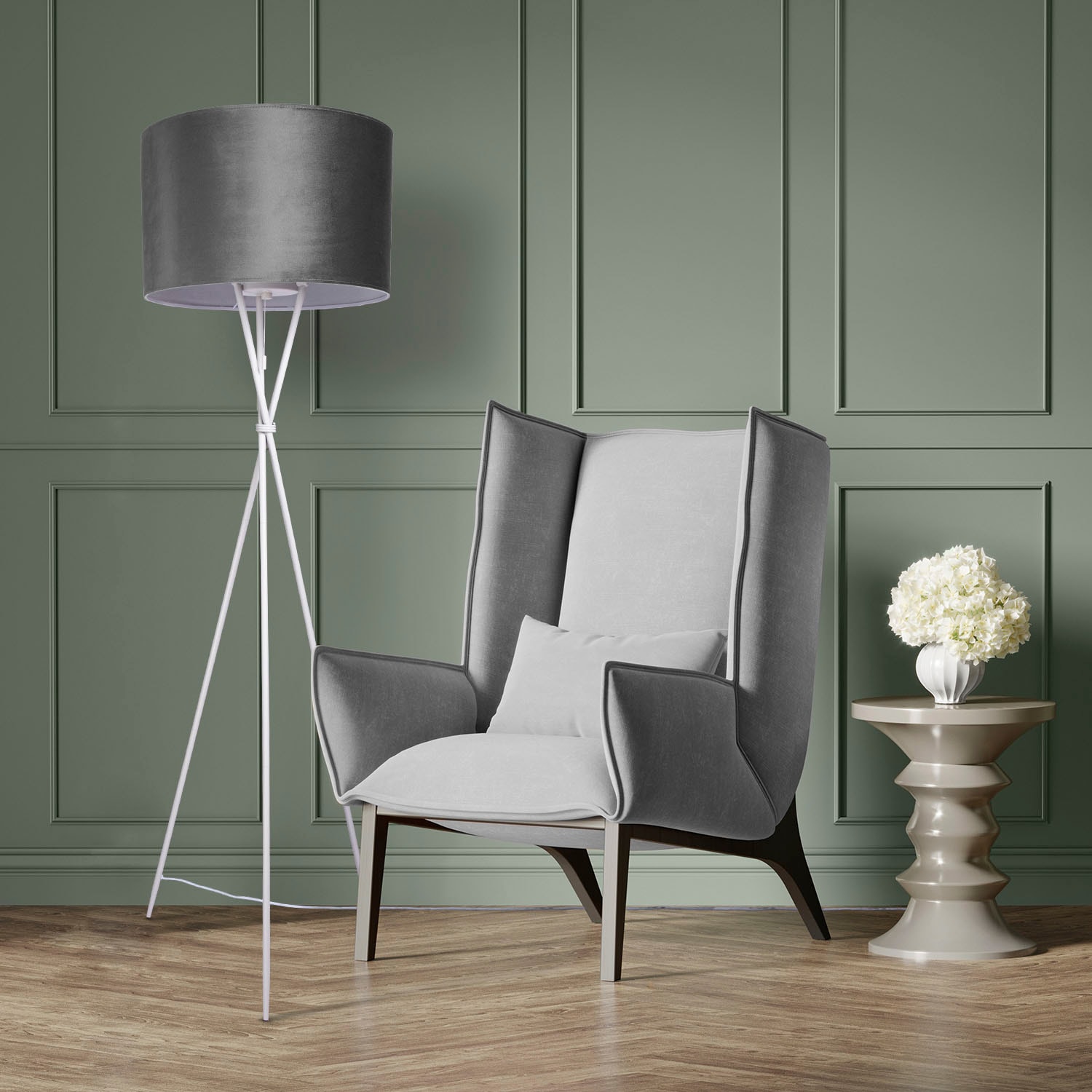 Paco Home Stehlampe »Kate uni Color« E27 Wohnzimmer Dreibein Standleuchte Velour Höhe 177,5cm Filigran E27