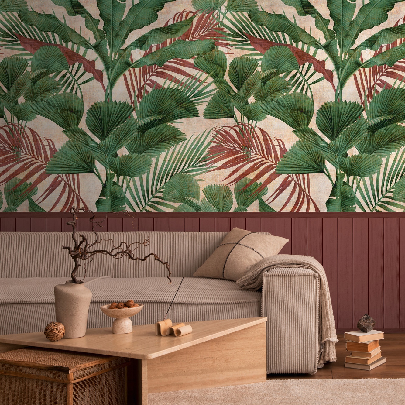 living walls Fototapete "Wallpanel Tapete Wandpaneele Motivtapete Dschungel Landhaus" matt strukturiert Vliestapete Blätter für Schlafzimmer Küche Wohnzimmer Wandpaneele Flur