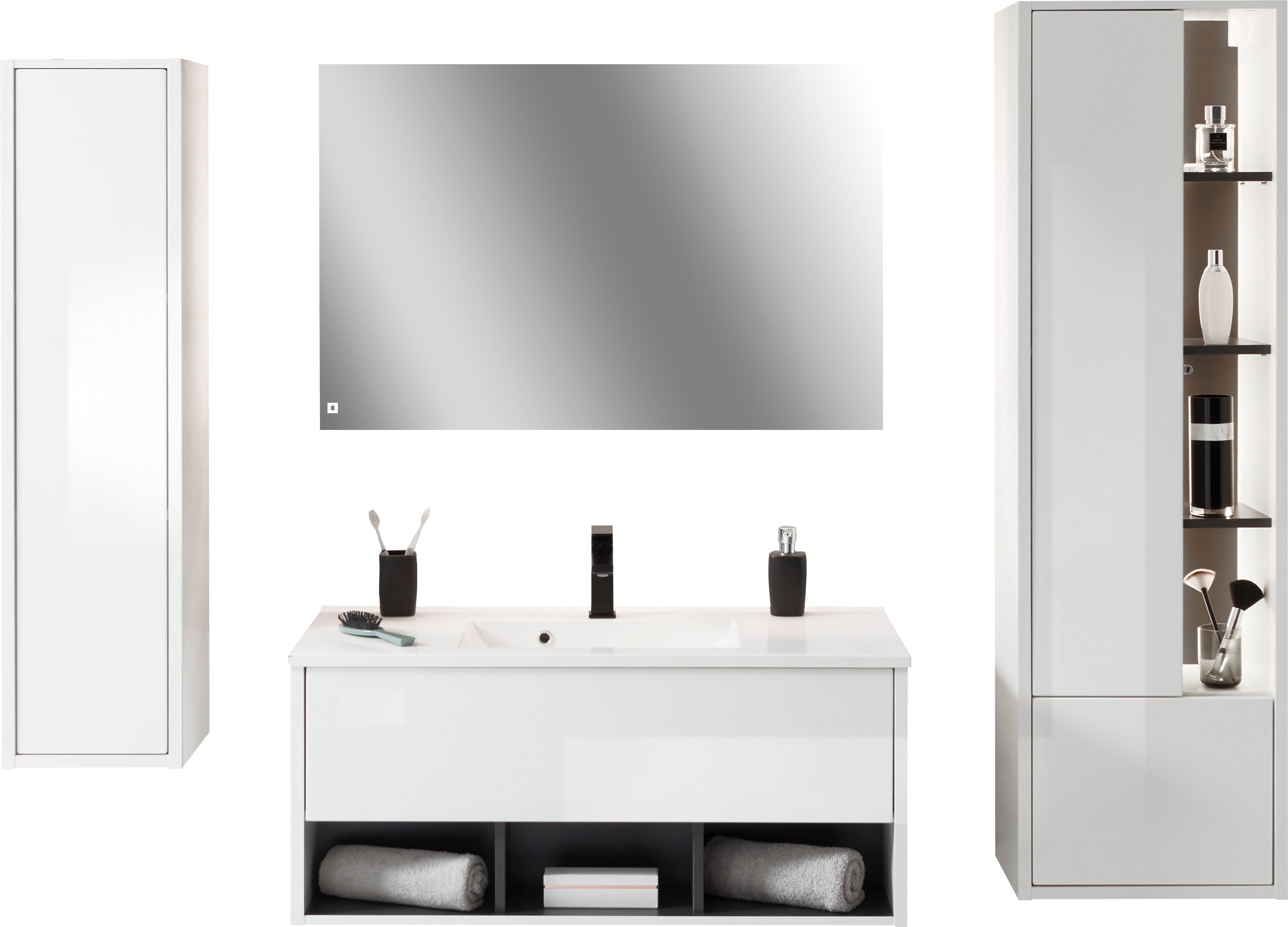 Places of Style Badmöbel-Set »Studio Line, Bad im modernen Design, 4-teiliges Badezimmer«, (4 St.), Schrank, Waschtisch und Spiegel, in zwei Farben verfügbar, Stauraum