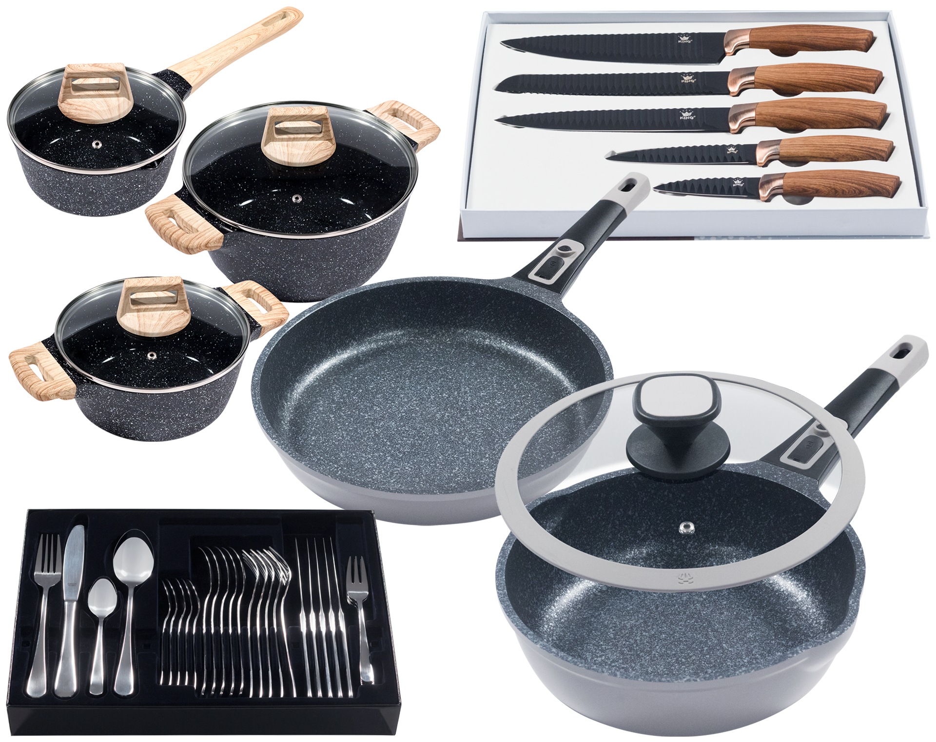 KING Pfannen-Set "Moonscape", grau, Pfannen, Induktion, (Töpfe+Glasdeckel, Pfannen+Deckel,Messer,Besteckset)