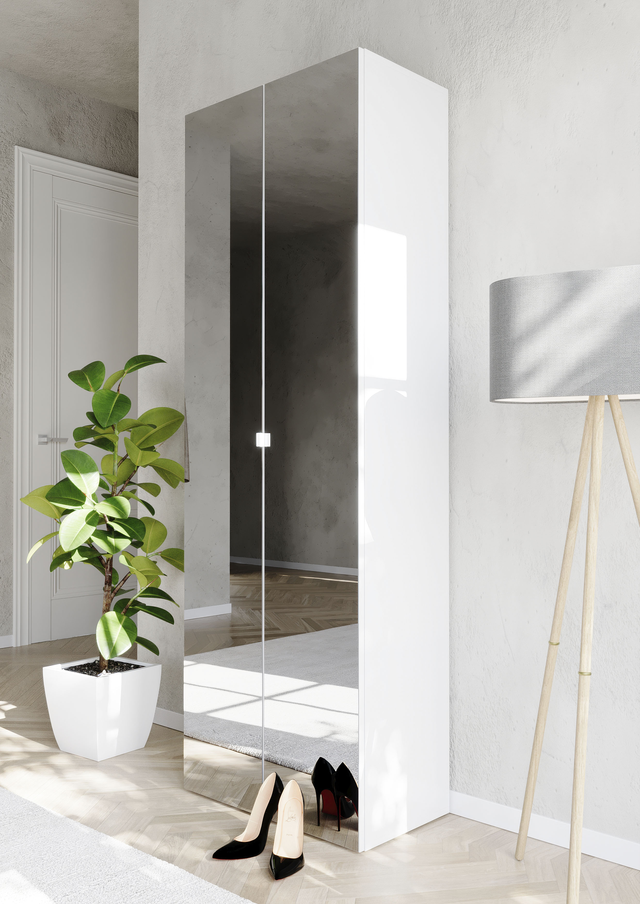 OTTO home Schuhschrank "SMILE Höhe 184 cm, Weiß Hochglanz lackiert mit 2 Spiegeltüren," Schuhregal mit 7 Ebenen, Metallgriff, viel Stauraum, 4 Böden variabel