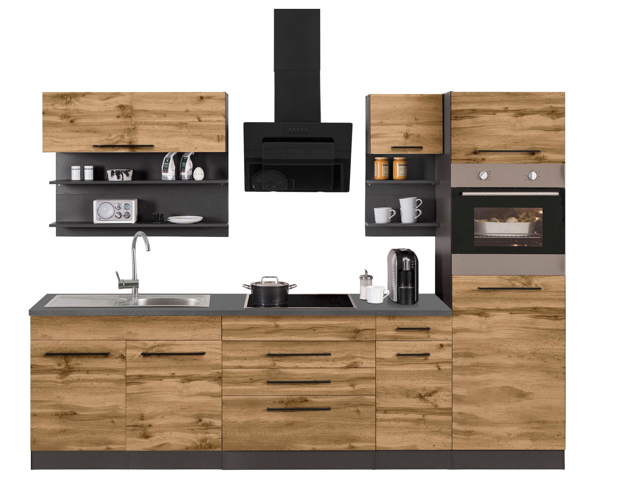 KOCHSTATION Küchenzeile "KS-Tulsa", mit E-Geräten, Breite 290 cm, schwarze Metallgriffe, MDF Fronten