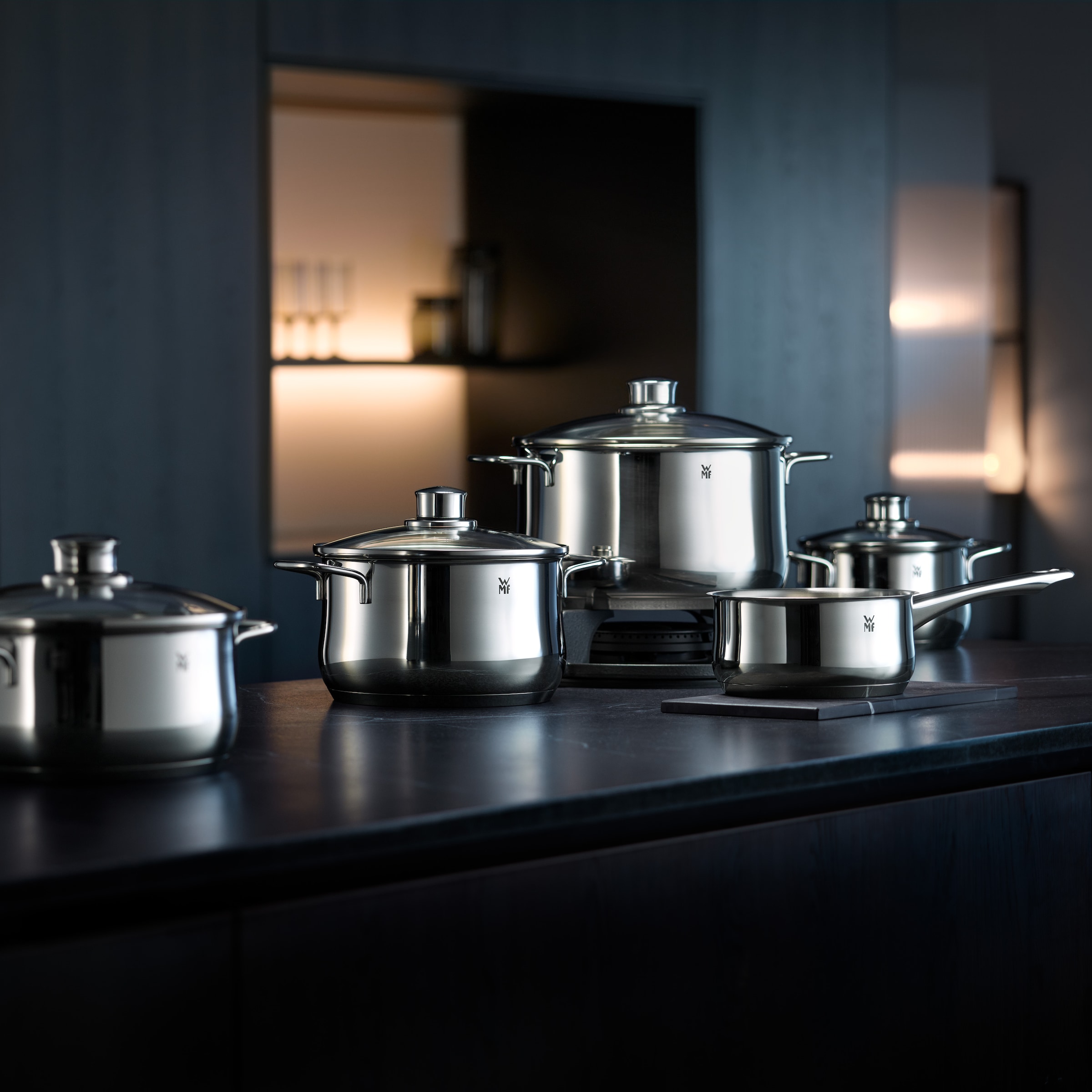 WMF Topf-Set »Diadem Plus«, Cromargan® Edelstahl Rostfrei 18/10, (Set, 9 tlg.), poliert, TransTherm-Allherdboden, für alle Herdarten