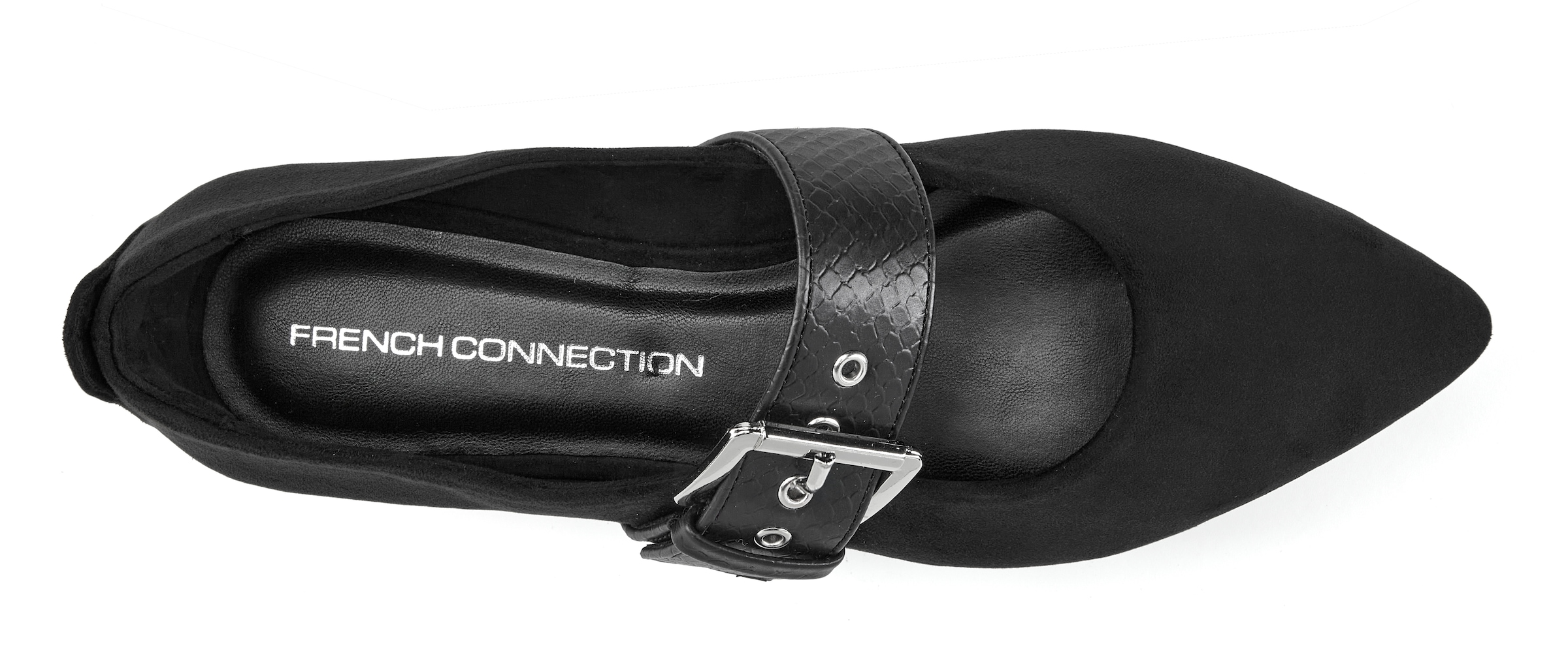 French Connection Mary-Jane-Schuhe »Spangenschuh, Flacher Halbschuh, Riemchenballerina, Schlupfschuh«  mit feiner Velours-Optik, spitzer Zehenkappe und silberner Schnalle