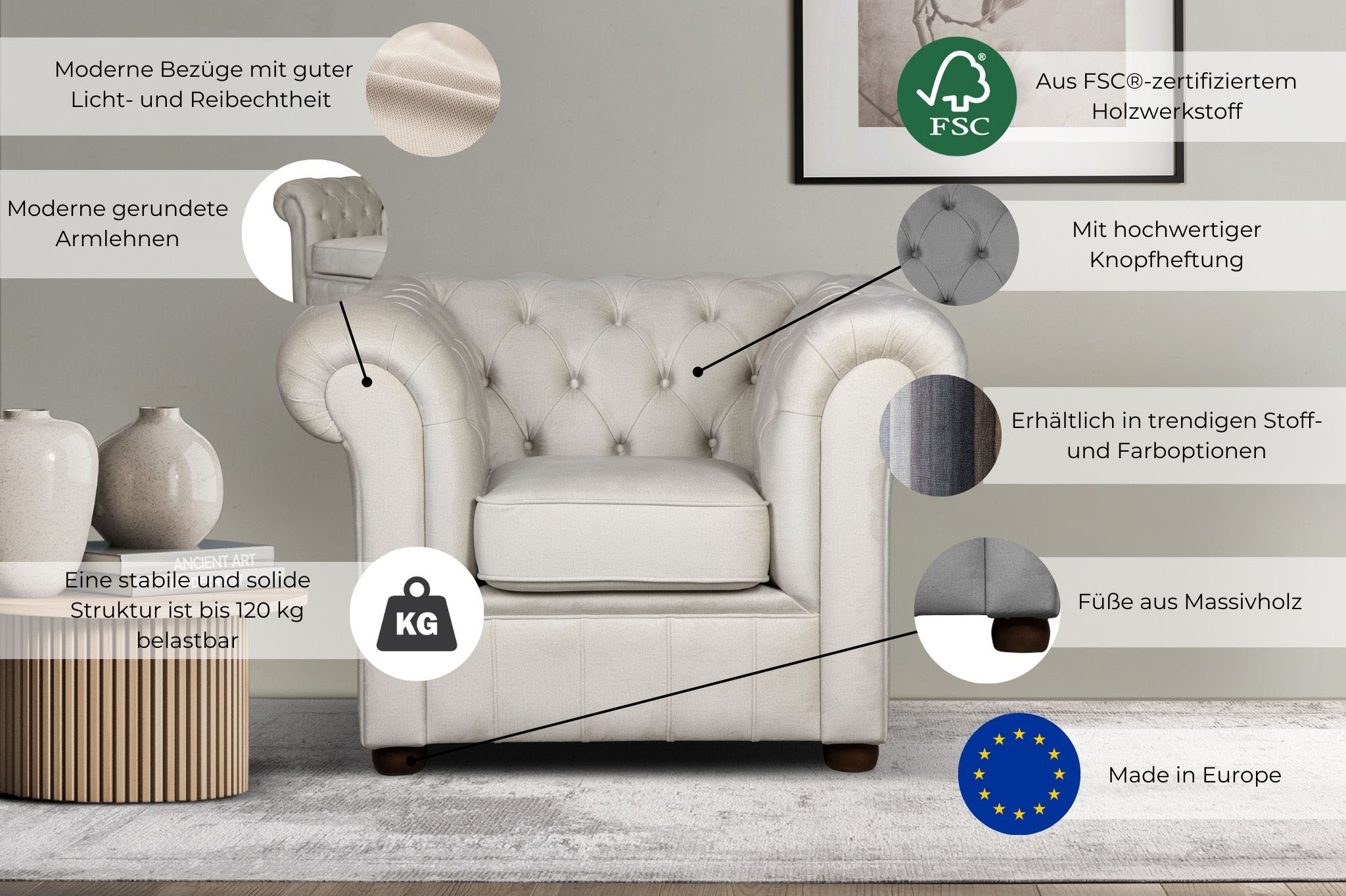 Thumbnail - Home affaire Sessel "CHARENTE, Chesterfield, Wellenfederung, Maße B/T/H: 105/89/74 cm", mit edler Knopfheftung und typis...