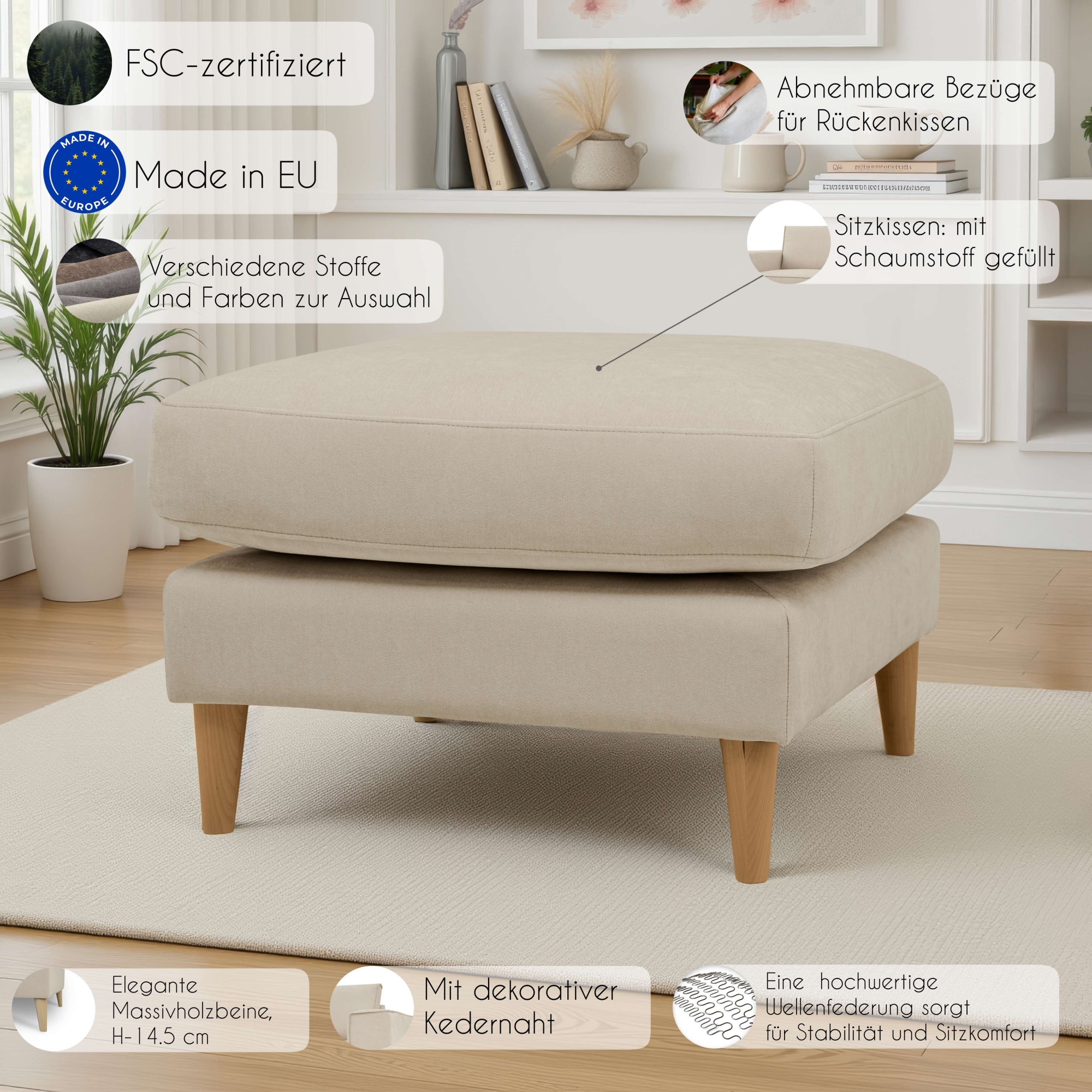 OTTO home Pouf »Finnian« Polsterhocker 70x70 cm, Chenille, Massivholzfüße